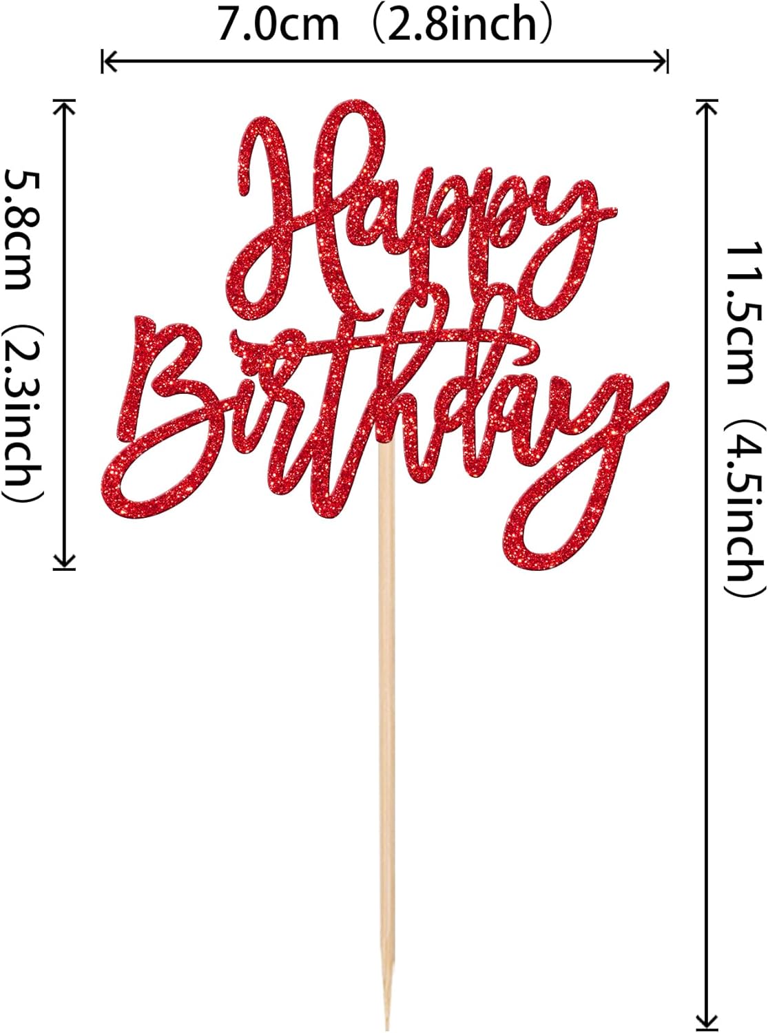 24 PCS Glitter Cupcake Toppers - Happy Birthday & Anniversary Picks - Red