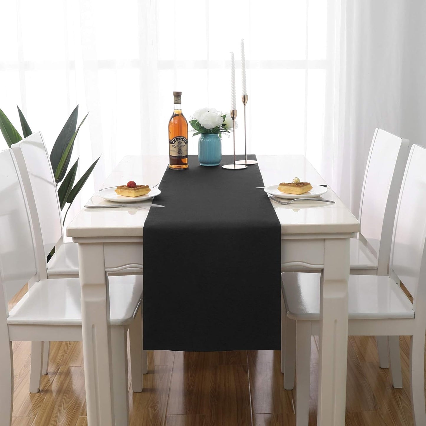 DUALIFE Jet Black Table Runner 14x72 inch Solid Color Thick Polyester Decorative Cloth Handcrafted for Wedding Party Birthday Graduations Banquet,Restaurant & Outdoors 2 Pieces