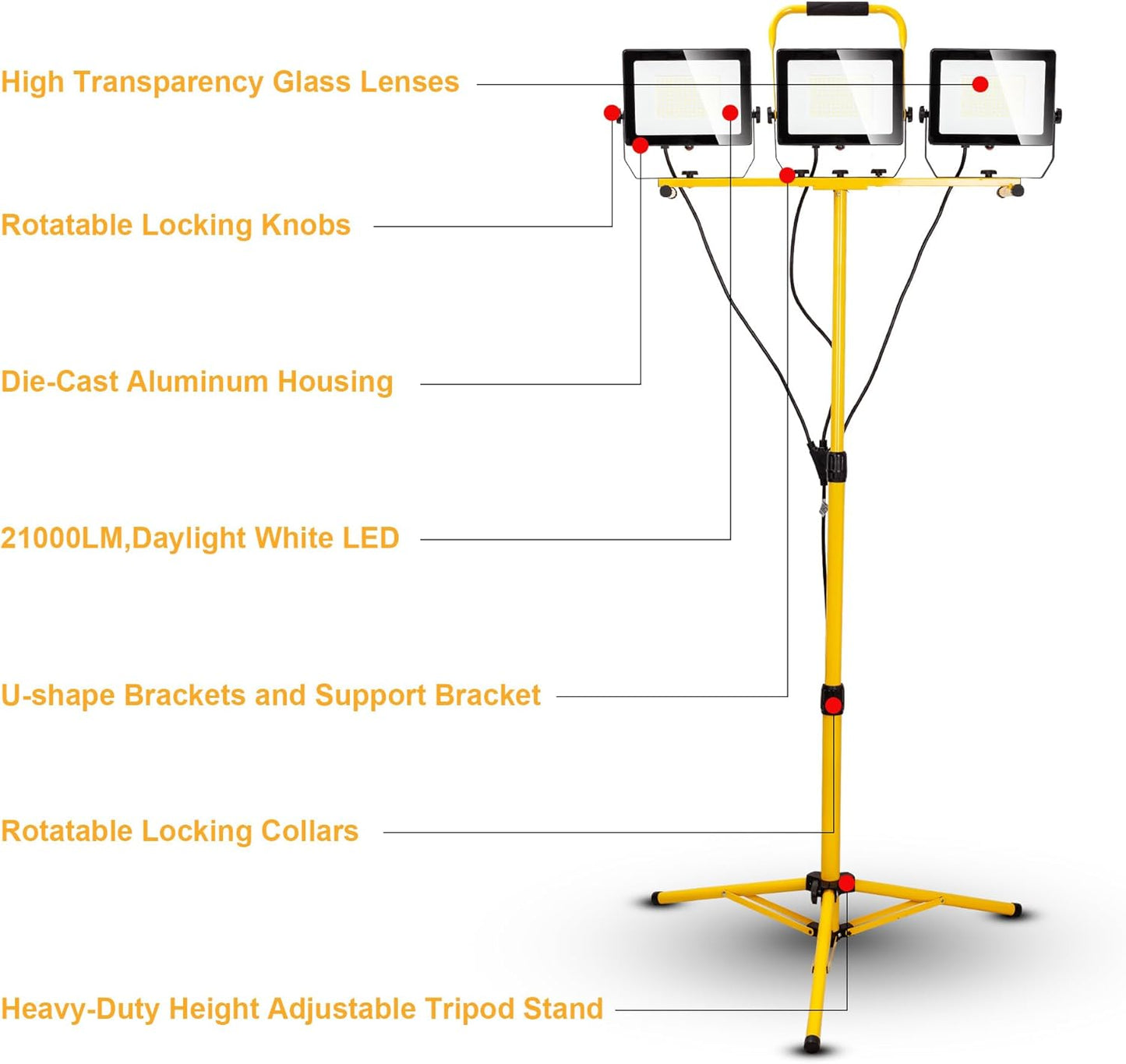 30000 Lumen Work Lights with Stand, 300W Three Head LED Work Light, Waterproof Lamp with Individual Switch, Adjustable Metal Telescoping Tripod