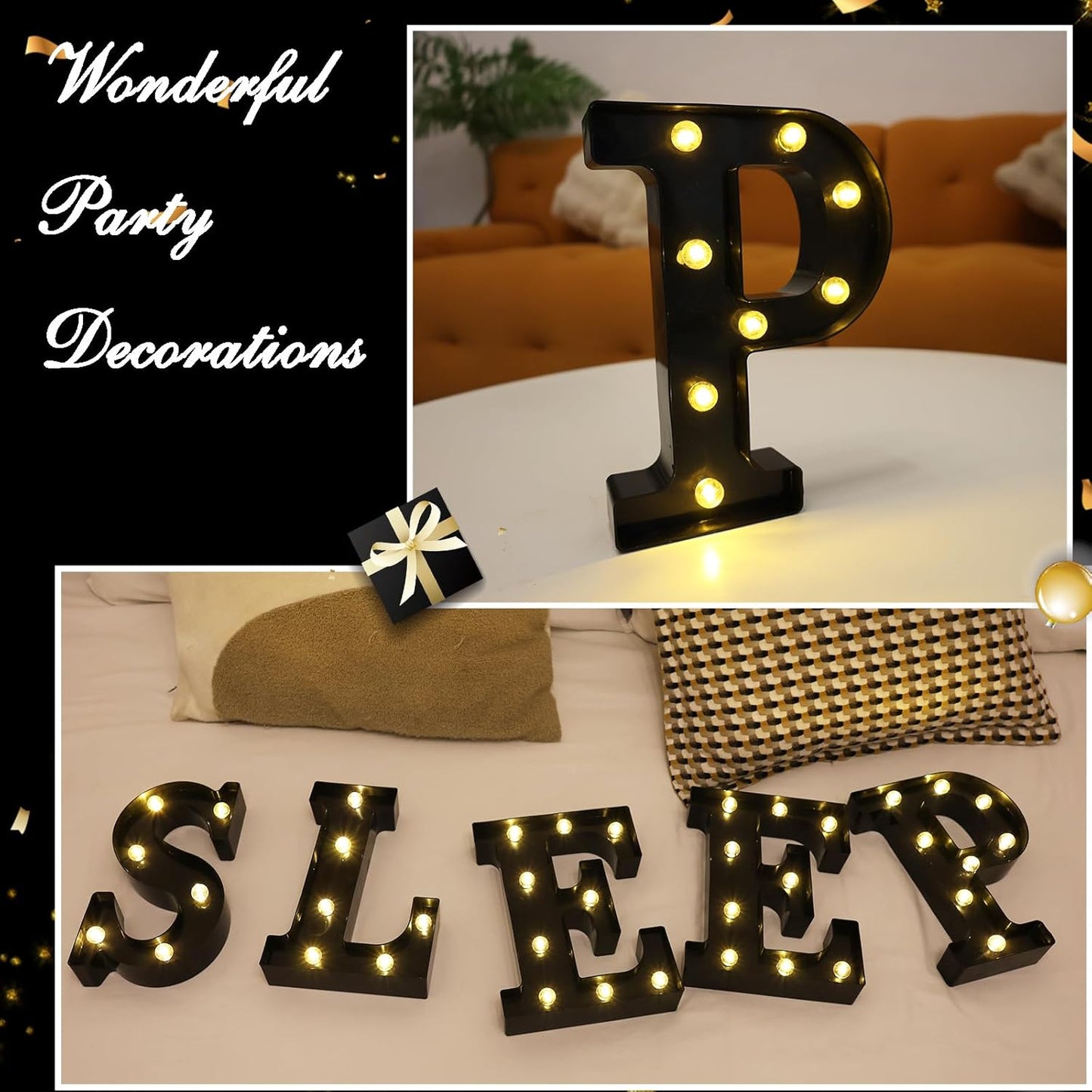 Led Marquee Letters, 8.58 Inch Black Light Up Letters, Small Led Letter Lights, Battery Powered Lighted Letterfor Table, Party, Birthday, Christmas Decor (Black, Letter P)