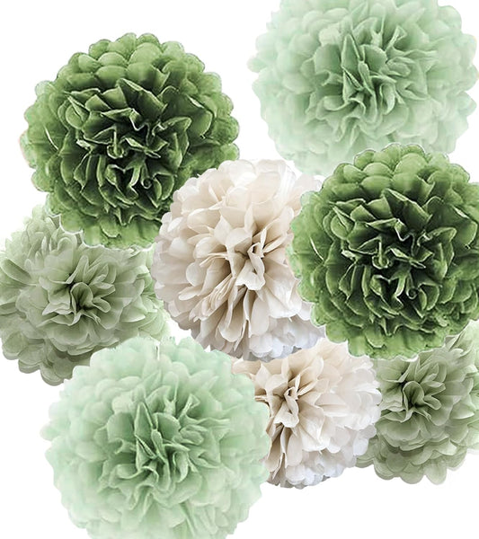 Tissue Paper Pom Poms Kit Paper Flowers 12pieces for Gender Baby Shower Wedding Bridal Bachelorette Birthday Party Decorations (Sage Olive Green)