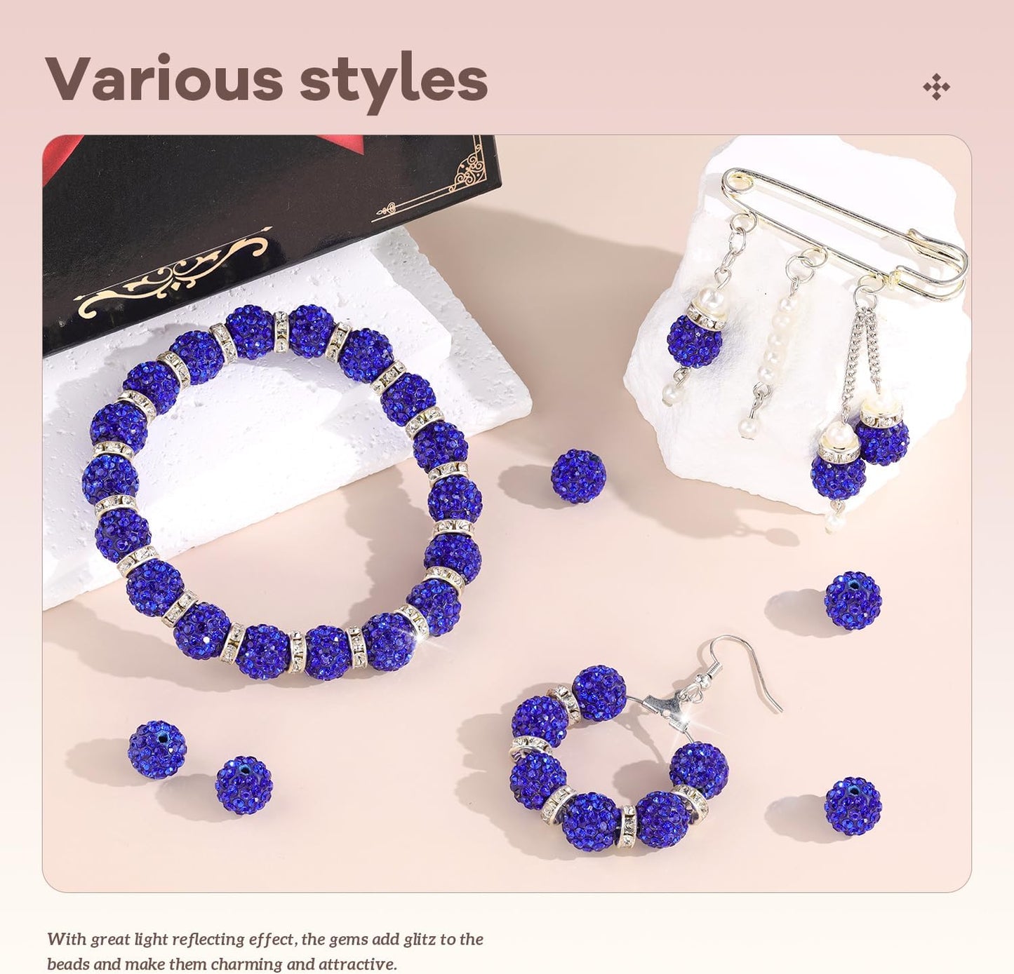 200pcs 10mm Rhinestone Beads for Jewelry Making, Dark Blue Shiny Round Disco Ball Beads Bulk, Sparkle Crystal Clay Christmas for Bracelet Baseball Necklace Earring Crafting and DIY