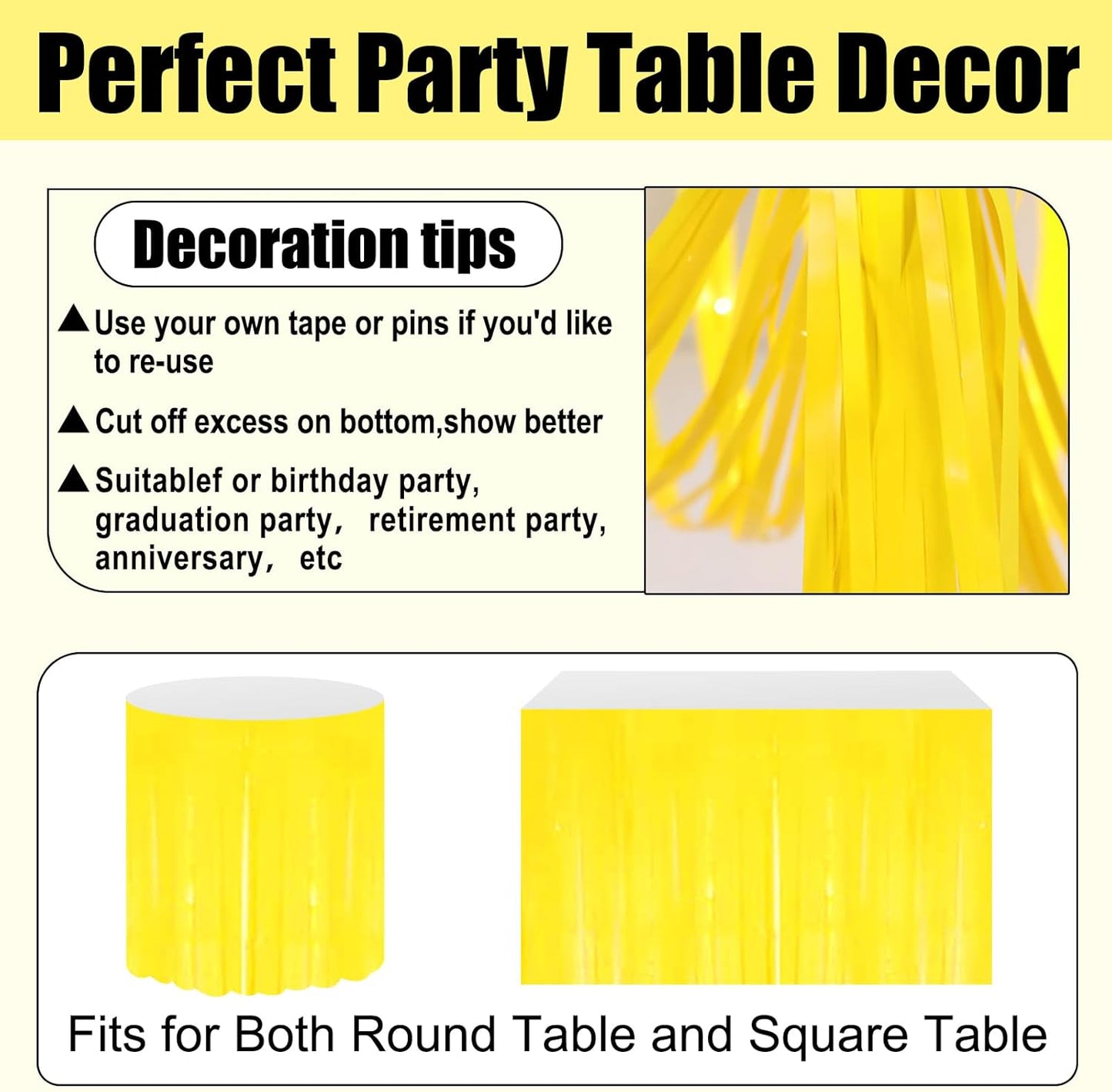 3 Pack 29x108 Inch Macaron Yellow Foil Fringe Table Skirts Metallic Banner for Tinsel Streamer Garland Backdrop for Parade Floats Wedding Thanksgiving Birthday Christmas Halloween Party Decoration