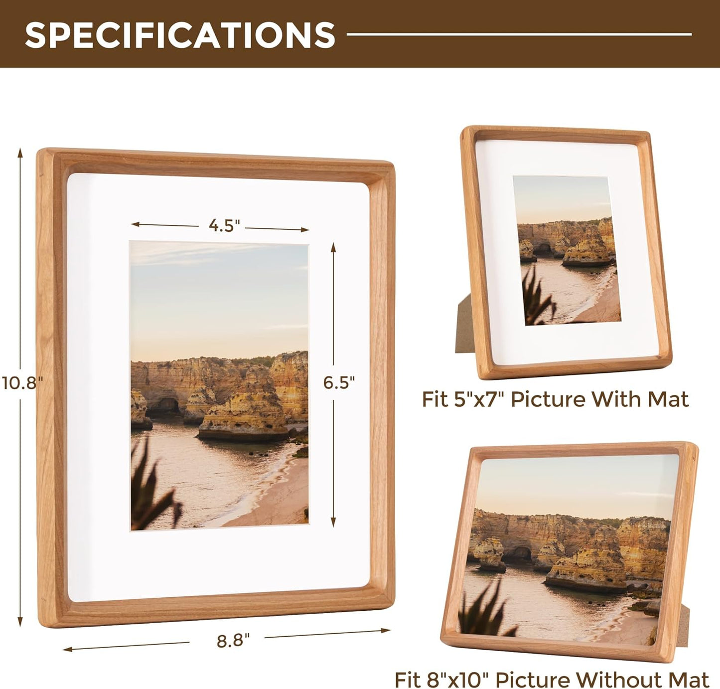8x10 Picture Frame USA-Sourced Natural Cherry Wood Solid Original Wood Photo Frame Rounded Corner with Mat to 6x8 Picture Display with Real Glass Family Picture, Wedding Picture, Photo, Certificate