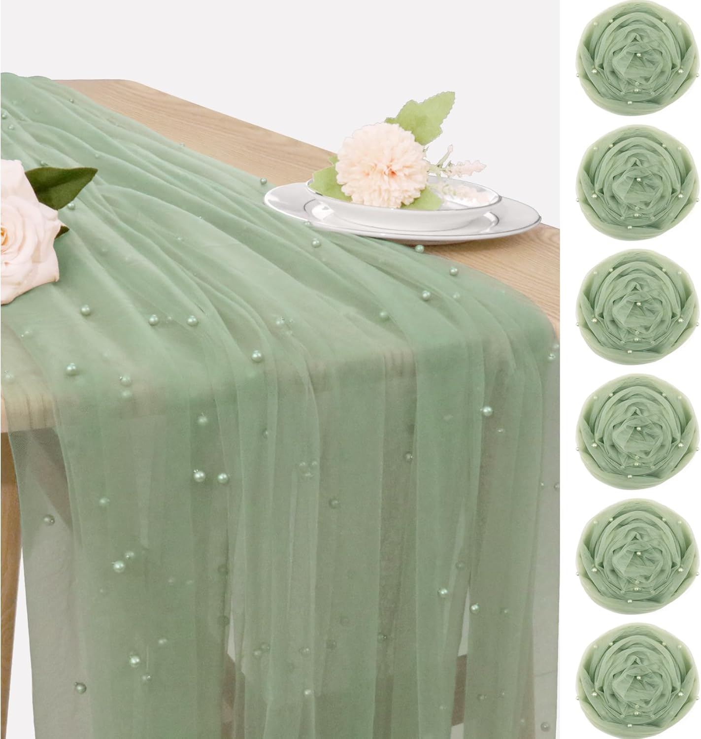 Set of 6 Pearl Table Runner 29 x 120 Inch Sage Green Tulle Fabric Lace Table Runners Boho Rustic Table Runners for Bridal Shower Birthday Party Wedding Arch Aisle Veil Dessert Table Decor(Sage Green)