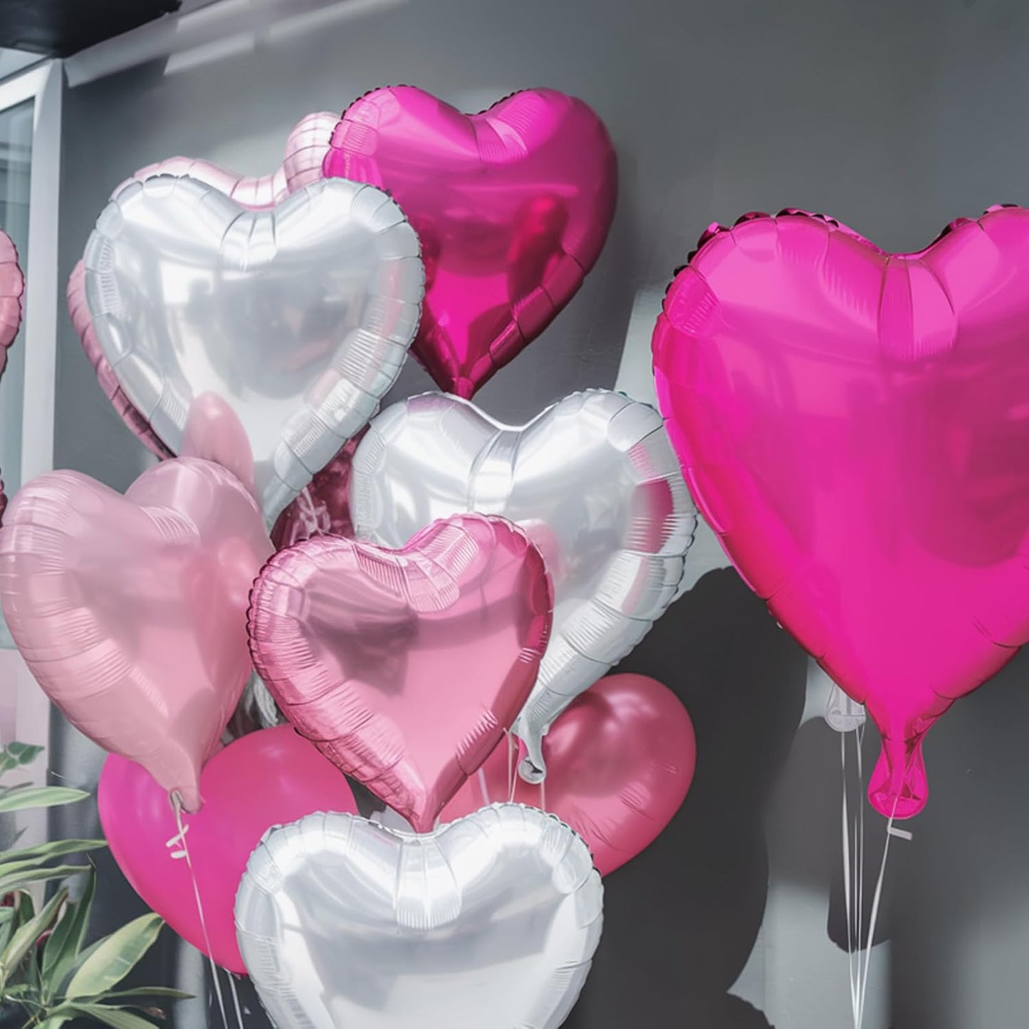 Rose Red Silver Heart Balloons, 18 Inch Light Pink and Silver Heart Shaped Balloon, 12PCS Hot Pink Helium Foil Love Balloons for Birthday Engagement Wedding Valentine Party Decorations