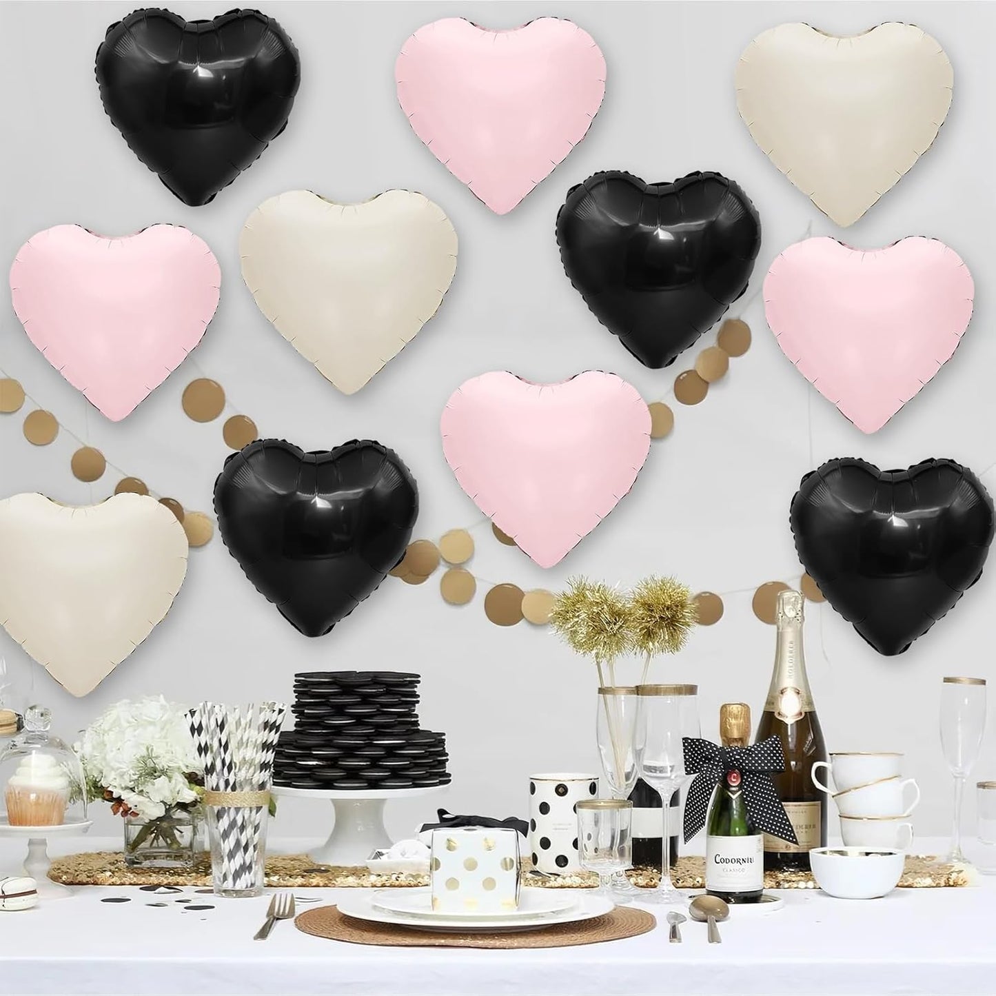 Black Pink White Heart Balloons,12Pcs 18Inch Black Cream White Baby Pink Heart Shaped Foil Helium Polyester Film Balloons for Baby Shower Birthday Anniversary Wedding Engagement Party Decorations