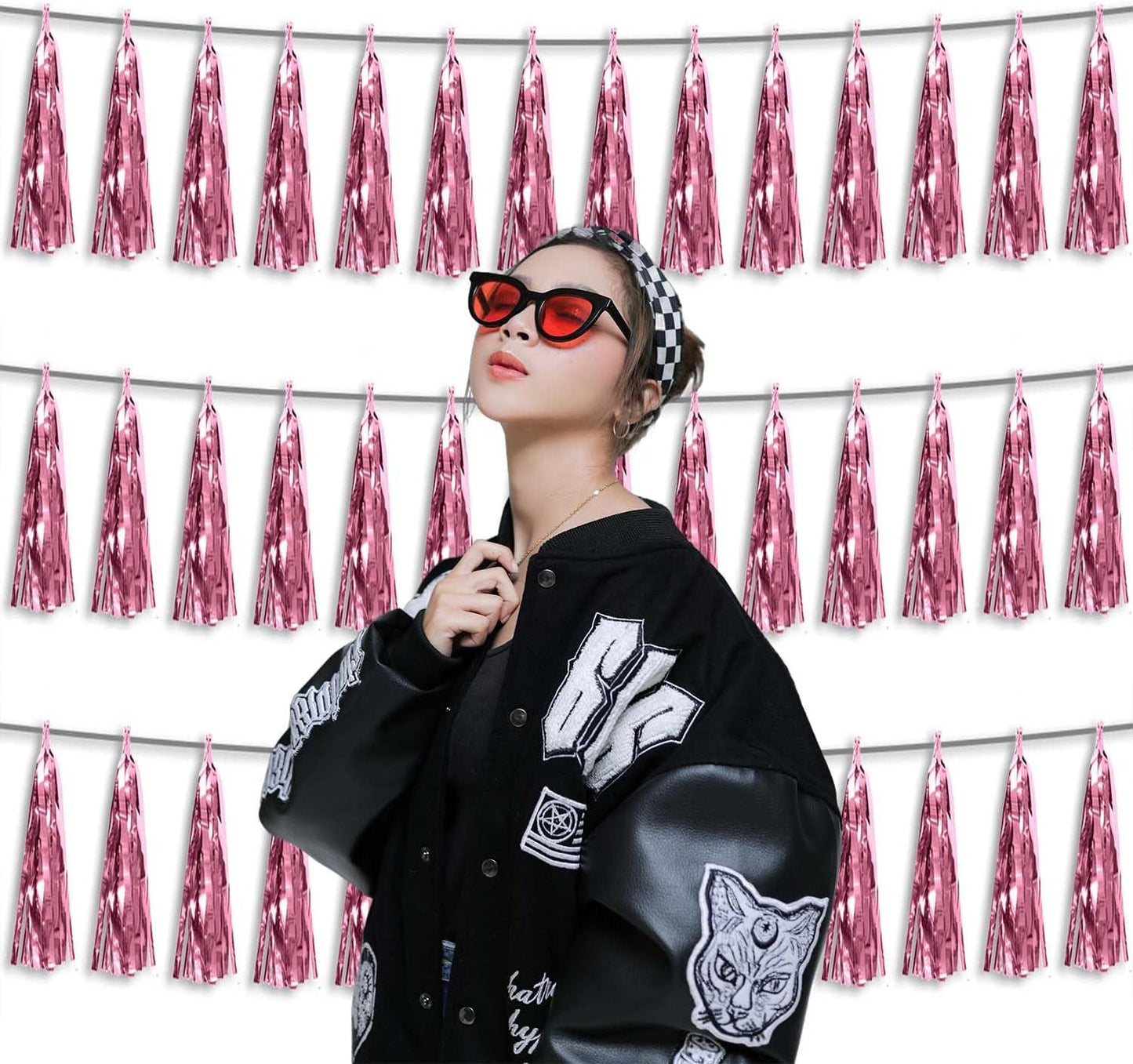 3P Metallic Fringe Tassel Banner Garland Foil Tinsel Streamer Wall Hanging Curtain Backdrop Banner for Parade Floats, Graduation Decorations, Wedding Party Decoration(Pink)