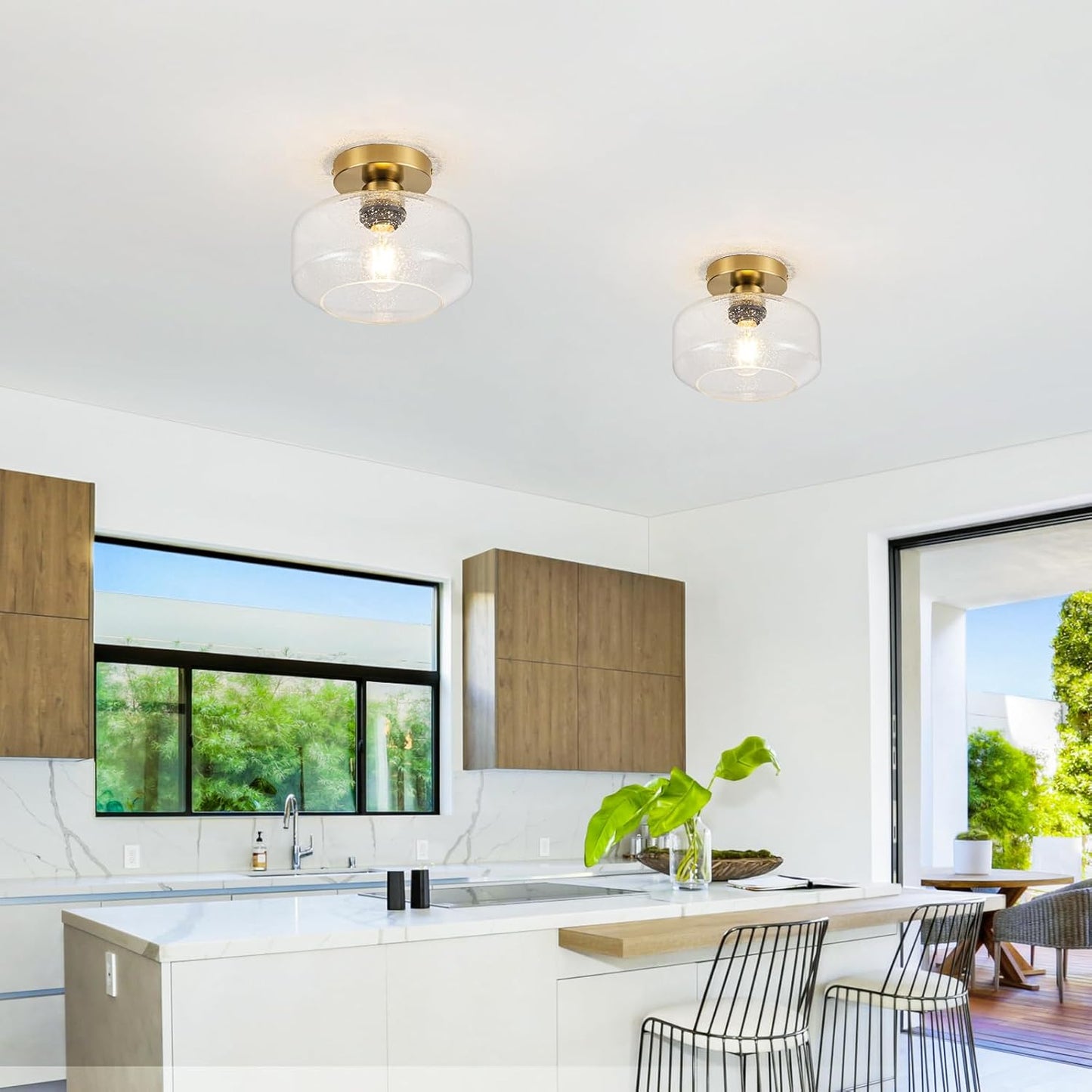 Simple & Elegant Semi Flush Mount Ceiling Light - Gold and Brass Fixture w/ 900LM LED Bulb for Kitchen, Bathroom, Hallway Lighting | Vintage Seeded Glass | Easy Install