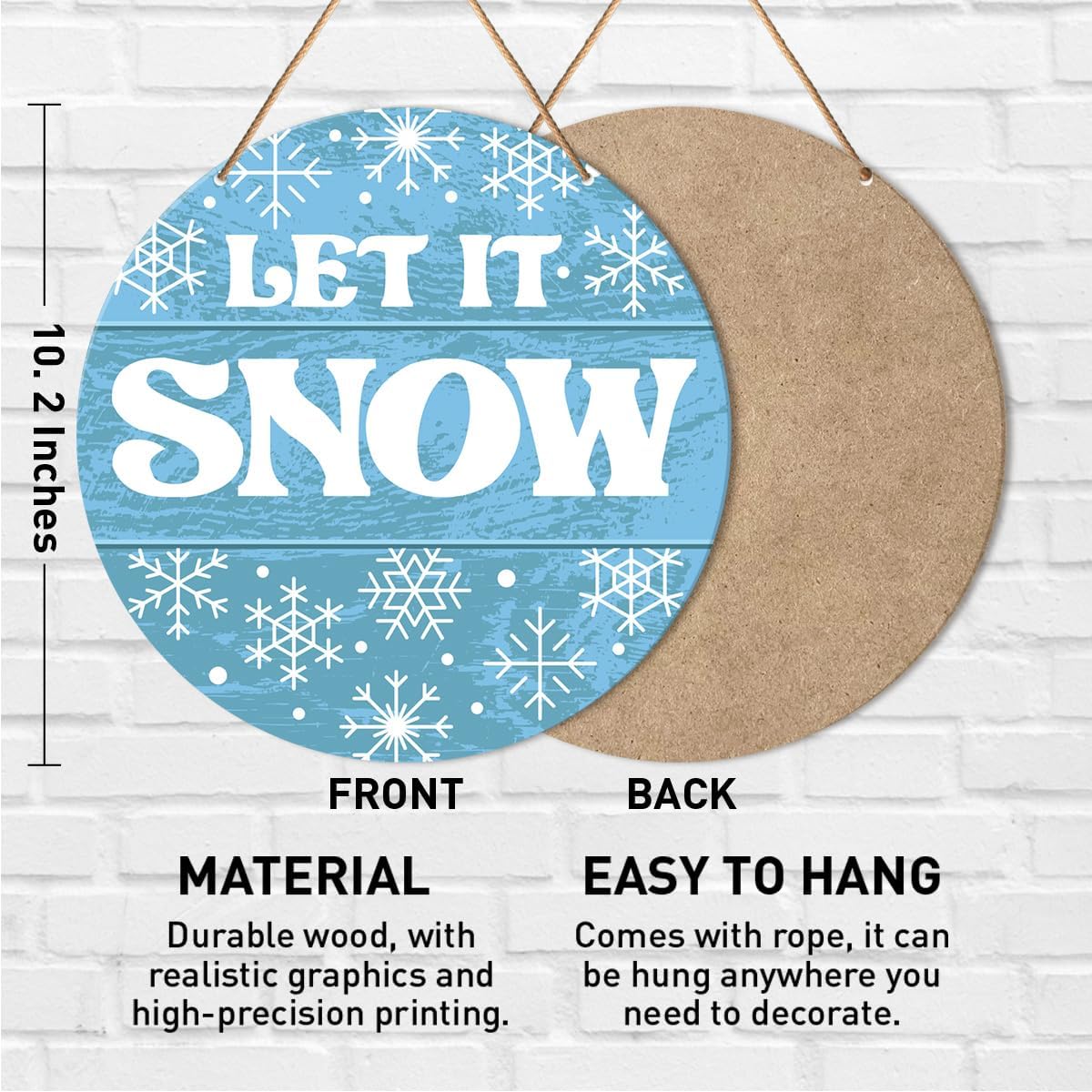 Muktoujaumai Winter Sign Front Door Decor, Christmas Round Hanging Sign Decor Snowflake Xmas Holiday Wall Decorations Winter Wood Sign for Door, Porch, Home, Let It Snow