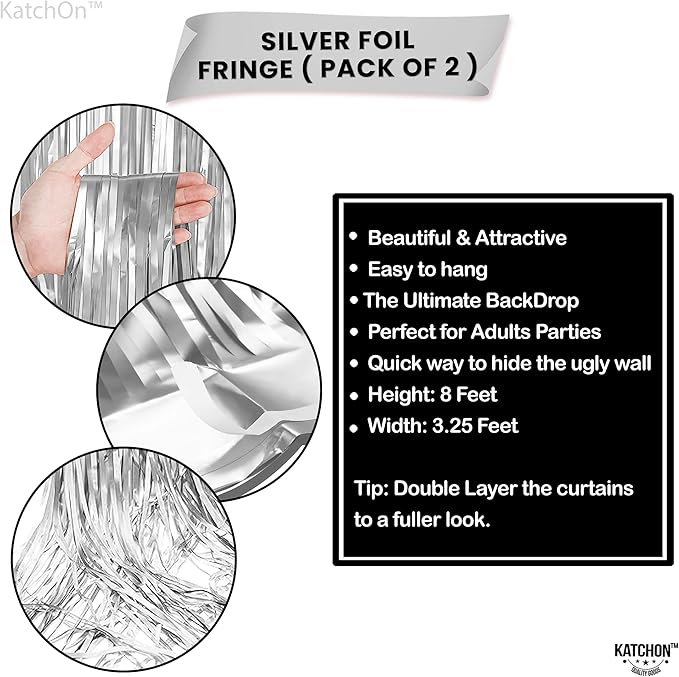 KatchOn, XtraLarge Silver Foil Fringe Curtain - 3.2x8 Ft, Pack of 2 | Streamers Backdrop for Disco Party Decorations | Silver Fringe Backdrop for Valentines, Anniversary, Disco Birthday Decorations