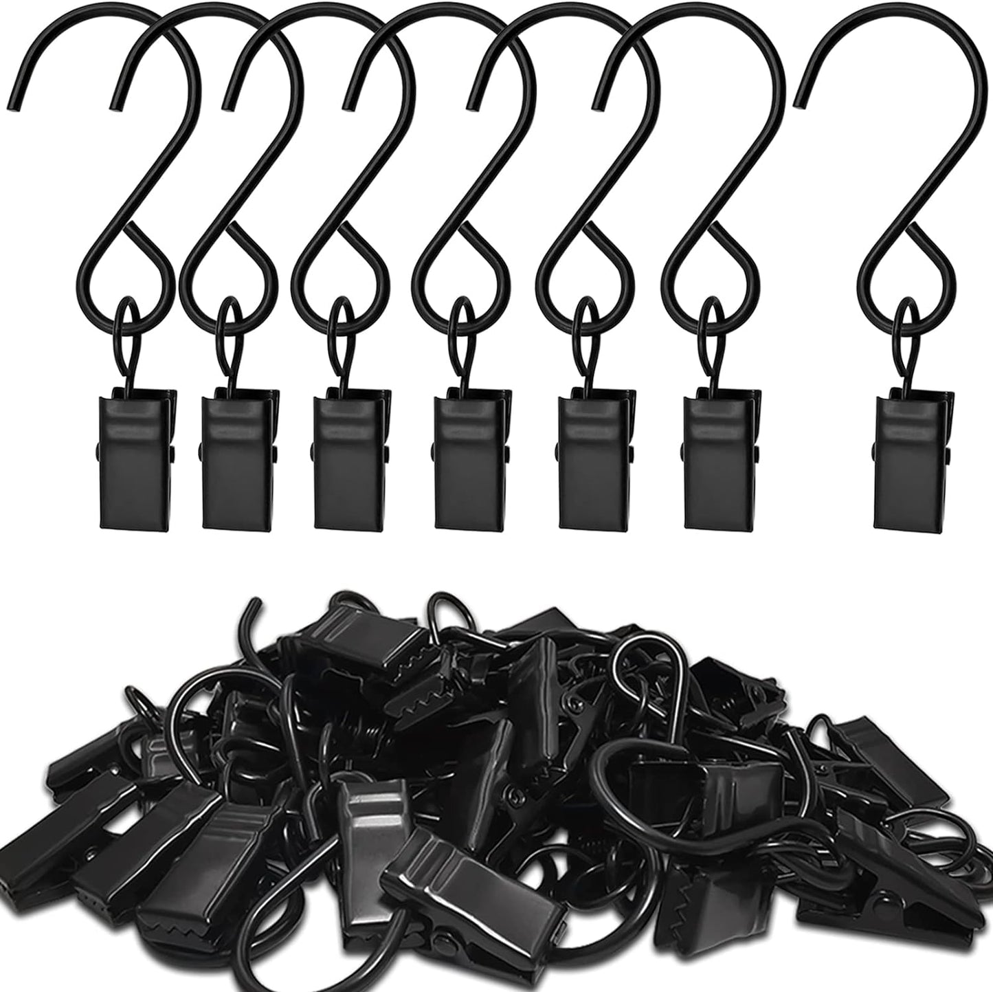 Stainless Steel S Hooks Curtain Clips, 50 Pack Hanging Party Lights Clips, Hangers Gutter Photo, Art Craft Display, 3 Inch Long, Black
