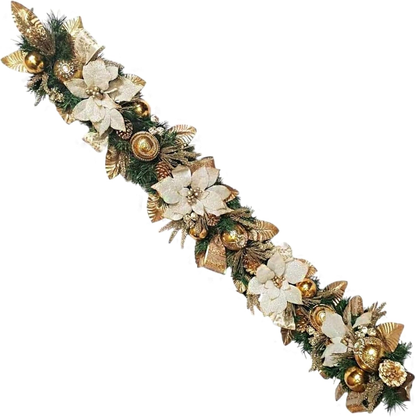 Holiday Tree White Gold Poinsettia Garland 5 Ft – Luxurious Christmas Garland with Metallic Accents, Festive Home Décor for Mantels, Doors & Tables