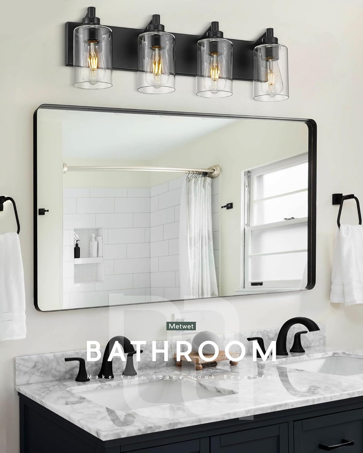 4-Light Bathroom Light Fixtures, Black Vanity Light with Cylinder Clear Glass Shade, Modern Vanity Lighting Fixtures Over Mirror, VL143-MB-4