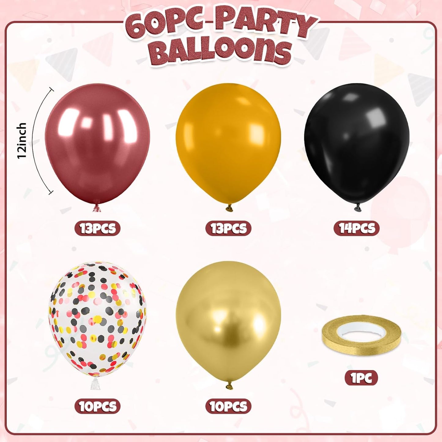 Red Black Yellow Balloons, 60pcs Black Burgundy Gold Balloons, Maroon Yellow Balloon Red Black Gold Confetti Balloon For Birthday Baby Shower Magical Theme Party Wedding Graduation Bachelorette