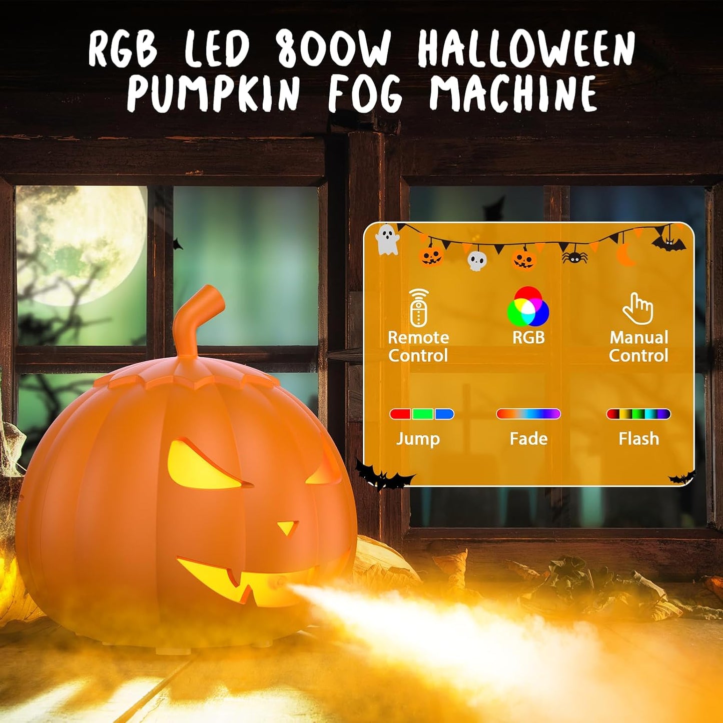 Fog Machine with LED RGB Lights, 800W Halloween Fog Machine with Remote Control, Pumpkin Smoke Machine 12 Colors Lighting Effect for Halloween Band DJ Show Club Outdoor Camping, 4 Pack