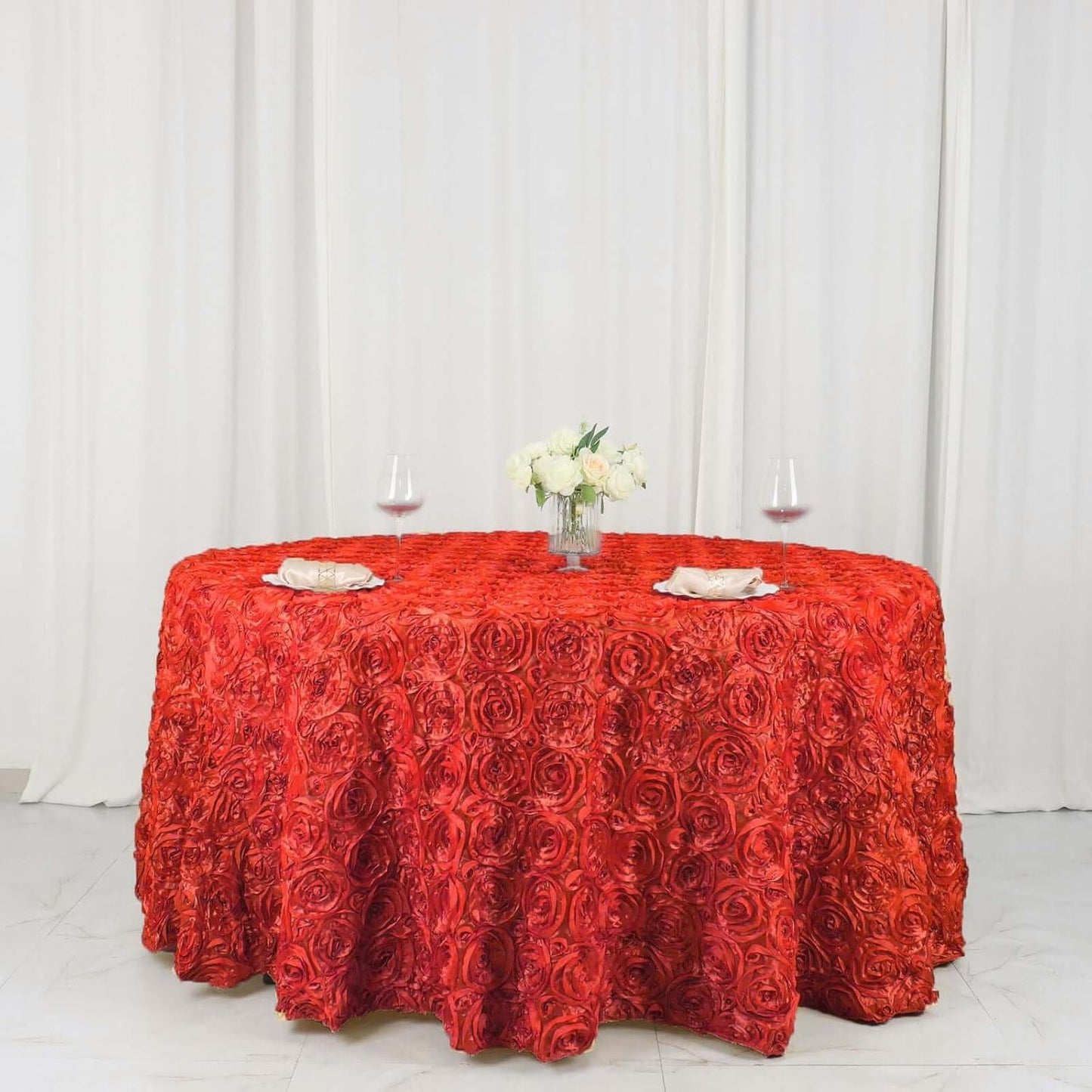 Efavormart 120" Wholesale Round Table Cover RED Grandiose Rosette 3D Satin Tablecloth for Wedding Party Event Decoration