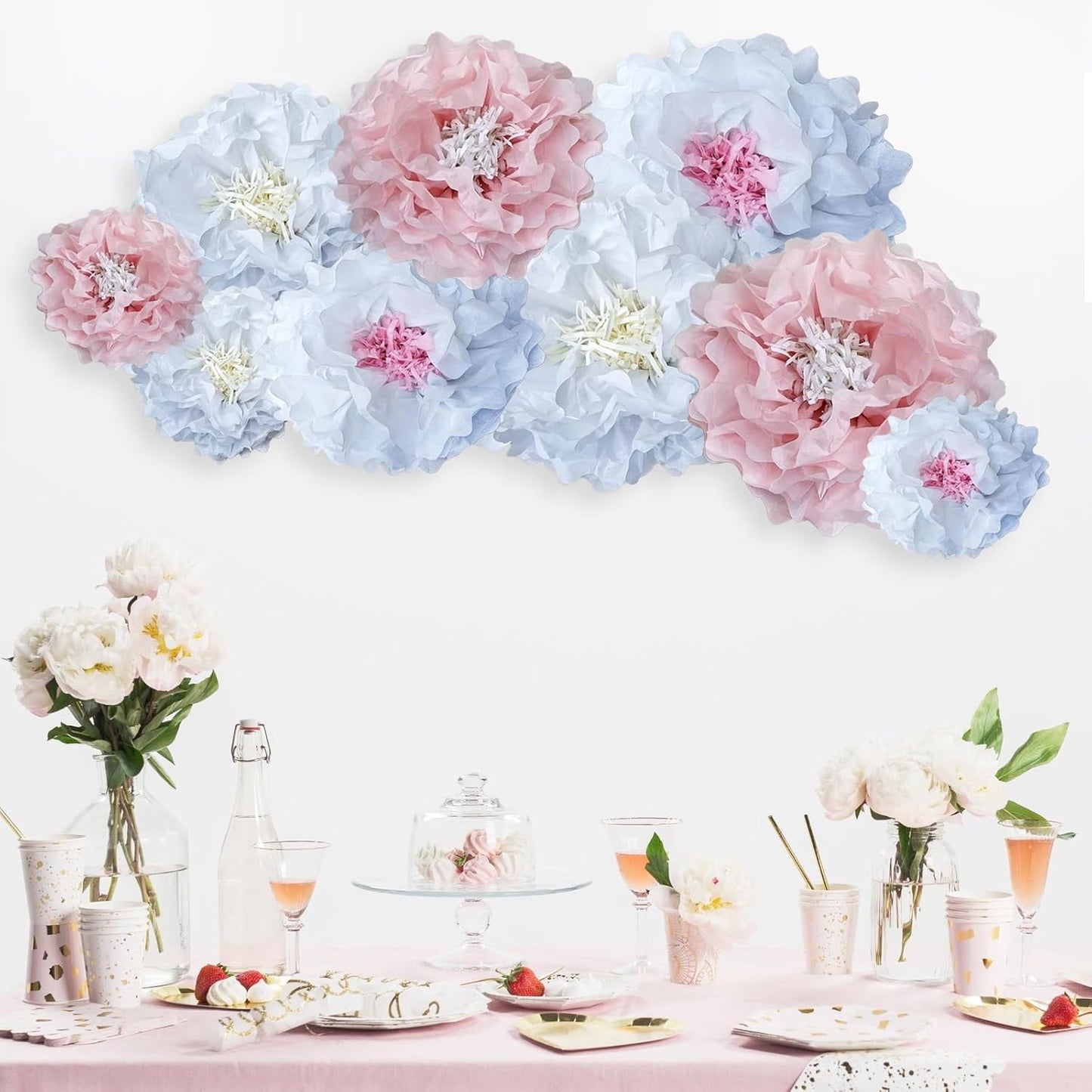 Pink Paper Flowers Decoration-Blush Pink Cream Colorful Paper Pom Poms Wall Decor for Baby Showers, Weddings, Graduations, Tea Parties, Engagement