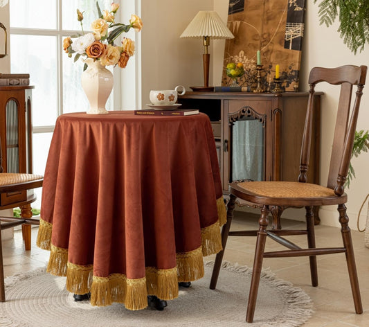 F-CHU Burnt Orange Tablecloth Thickset Velvet Tablecloth with Beautiful Gold Vintage Tassels Table Cloth for Home Decor Wedding, Party, Banquet and Events 70" Round