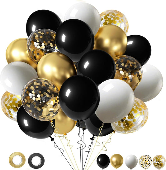 Black White Gold Balloons,65pcs 12 Inch Black Gold Confetti Balloons for Graduation New Year Wedding Birthday Party Decorations