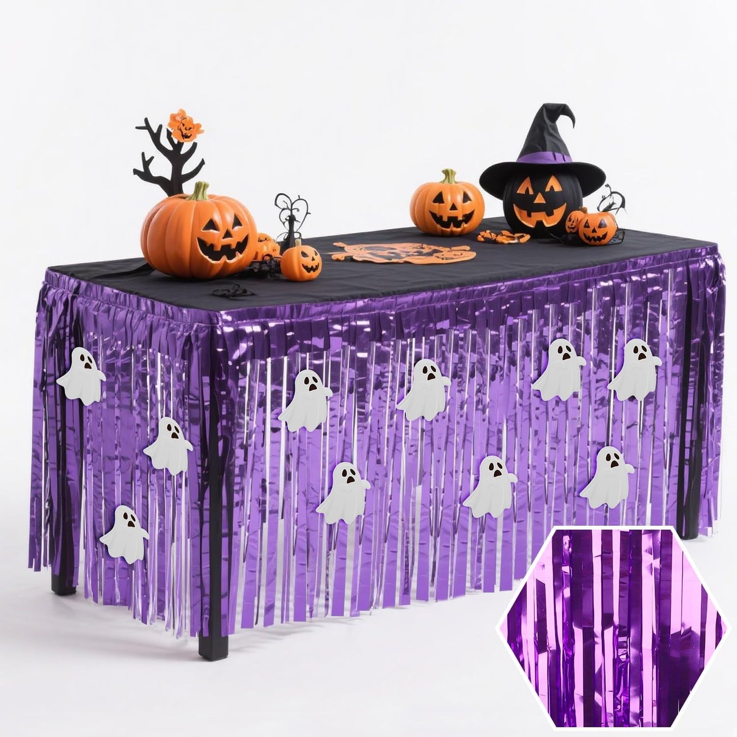 28x106 Inch Purple Sequin Tablecloth for Halloween Decorations, Metallic Tinsel Foil Fringe Table Skirt, Rectangle or Round Tables Decor, Table Cover, Ghost Decorations for Halloween Party
