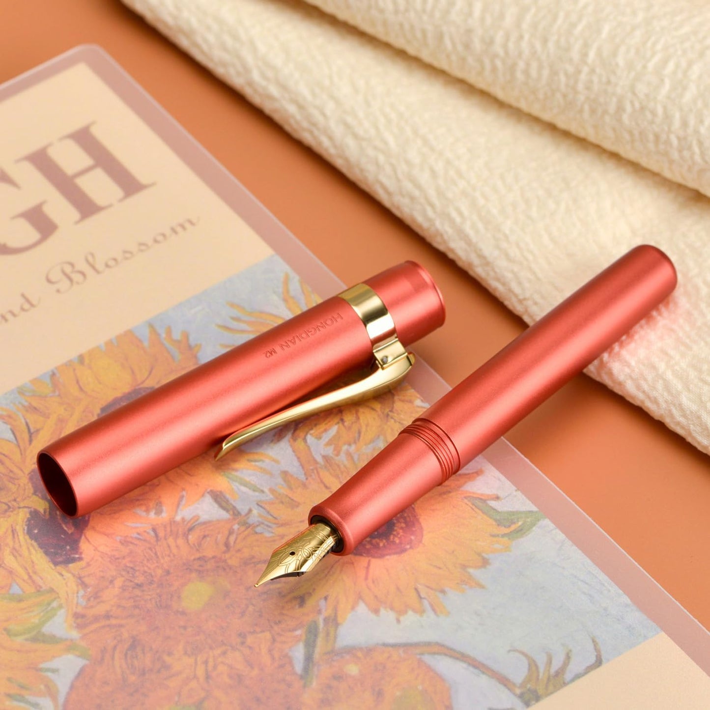 Hongdian M2 Black Forest Mini Fountain Pen, Fine Soft Golden Nib & Sleek Shape Aluminium Short Pocket Travel Pen (Orange Red)