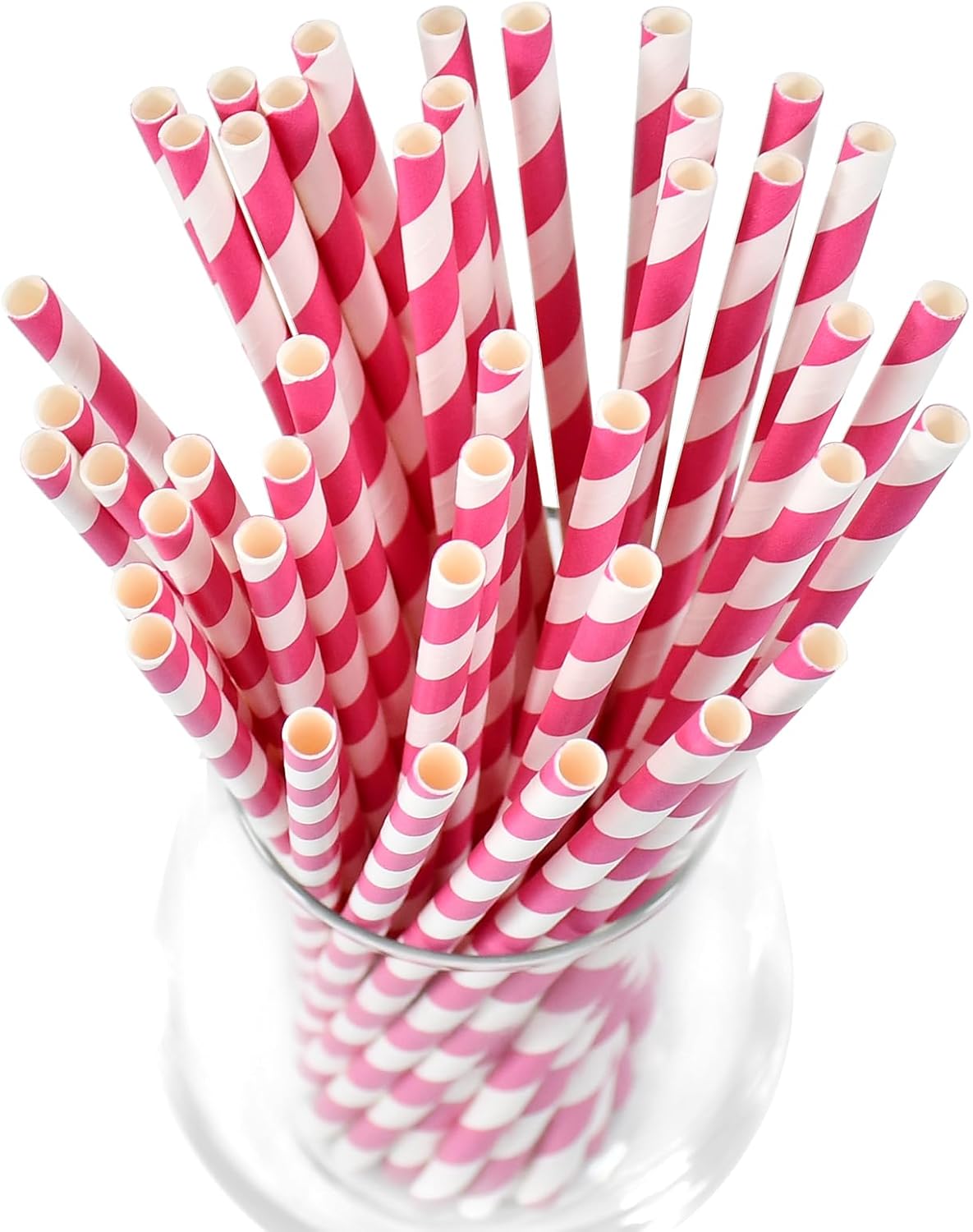 7.75 inch Hot Pink Striped Paper Straws for Drinking - Unwrapped, 100 Counts - for Party, Wedding, Cocktail, Beverage