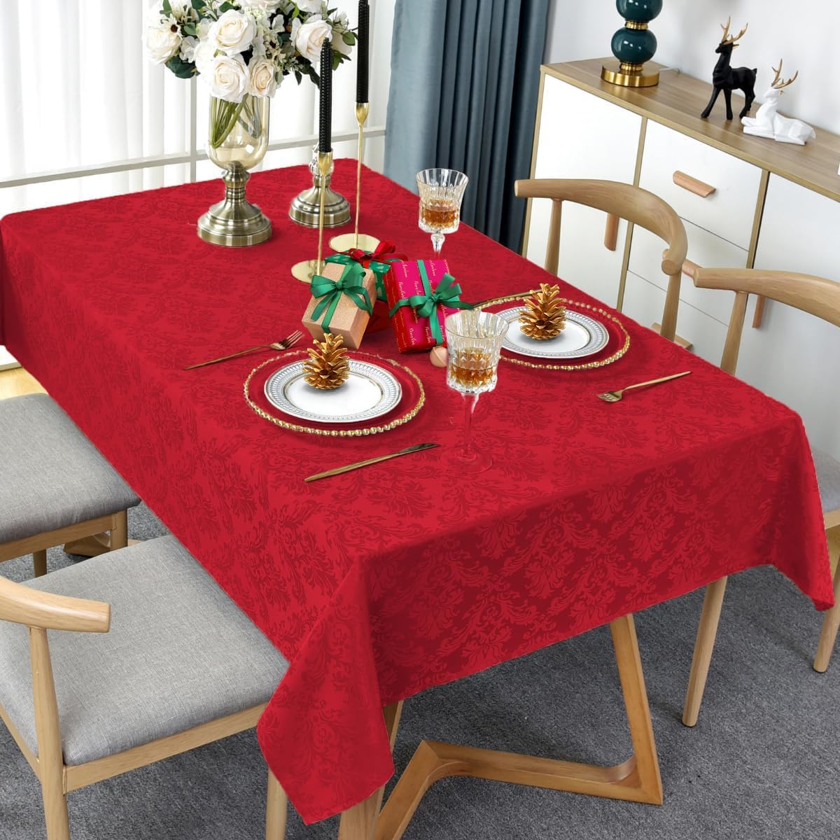 SASTYBALE Christmas Red Square Jacquard Tablecloth, Damask Table Cloth, Spill Proof Wrinkle Resistant Tablecloths, Soft Polyester Oblong Table Cover for Holiday,Winter,Kitchen,Parties (Red, 52X52)