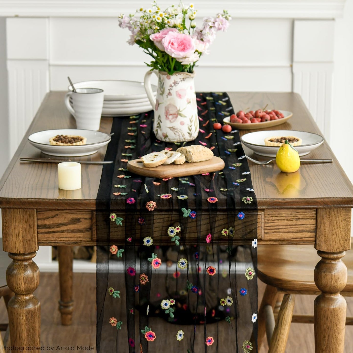 Artoid Mode Black Embroidery Daisy Gauze Table Runner 120 Inch 10FT, Seasonal Sheer Kitchen Dining Holiday Wedding Birthday Table Decor for Home Party
