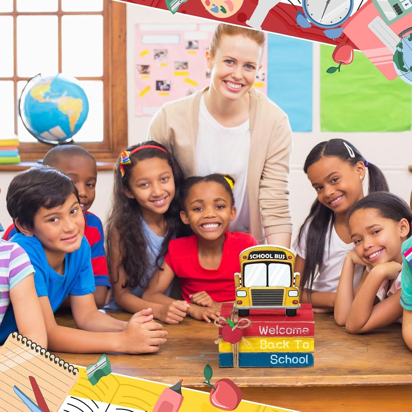 4 Pcs Back to School Table Decorations First Day of School Tiered Tray Decorations Decorative Mini Wooden Books Subject Signs for Office Shelf Classroom Tabletop Bookshelf(Bus)