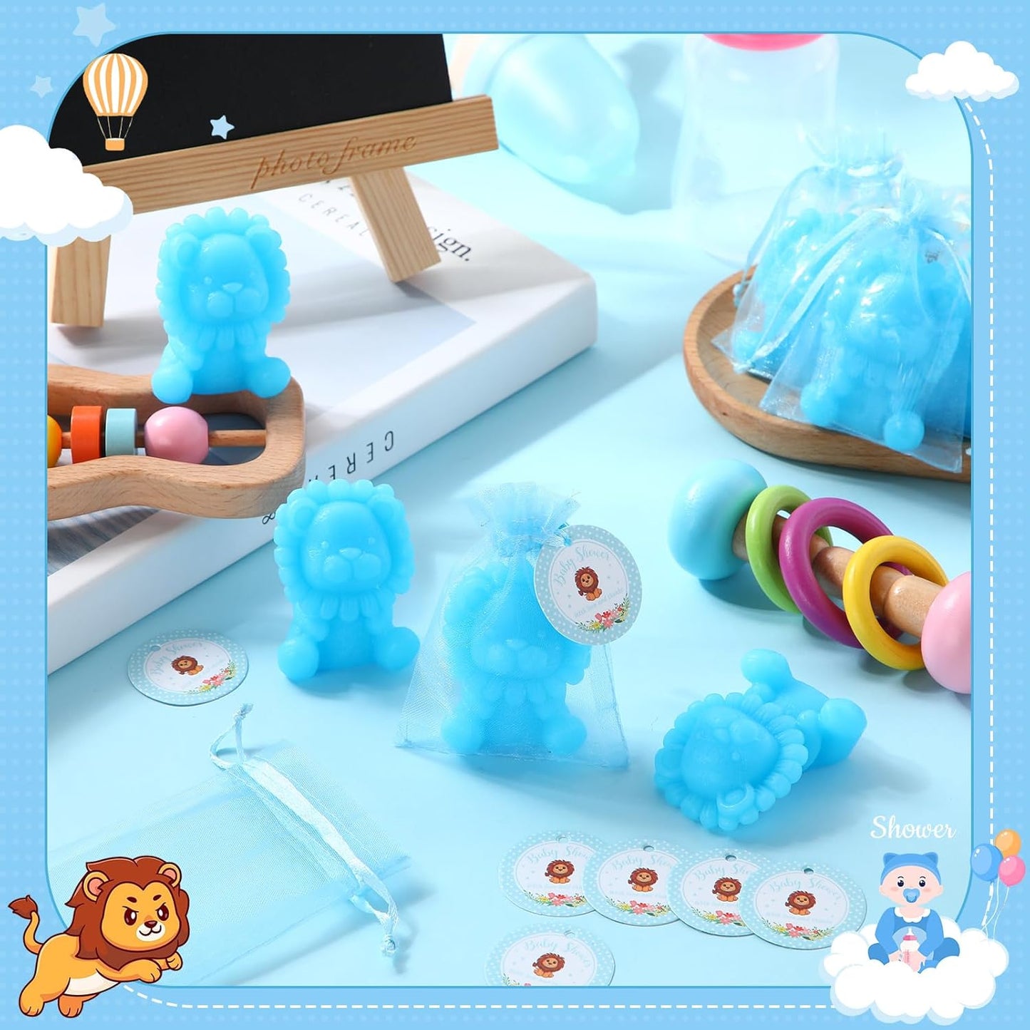50 Sets Lion Soap Baby Shower Favors Handmade Safari Baby Shower Favors for Guests Soaps with Organza Bags Thanks Tags Wedding Party Guests