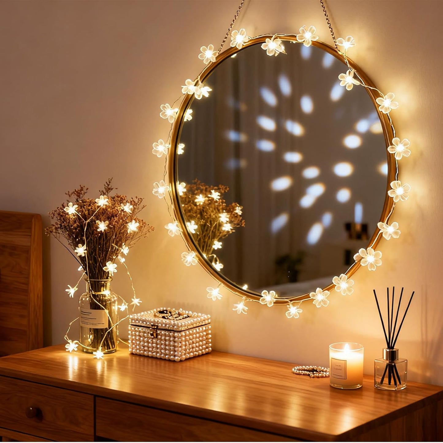 Fairy Flower String Lights Indoor Decorations, 33ft 100 LED Plug in Warm White Decorative Cute Cherry Blossom Floral Lamp for Tree Branch Vine Hanging, Christmas Garden Bedroom Wall Decor