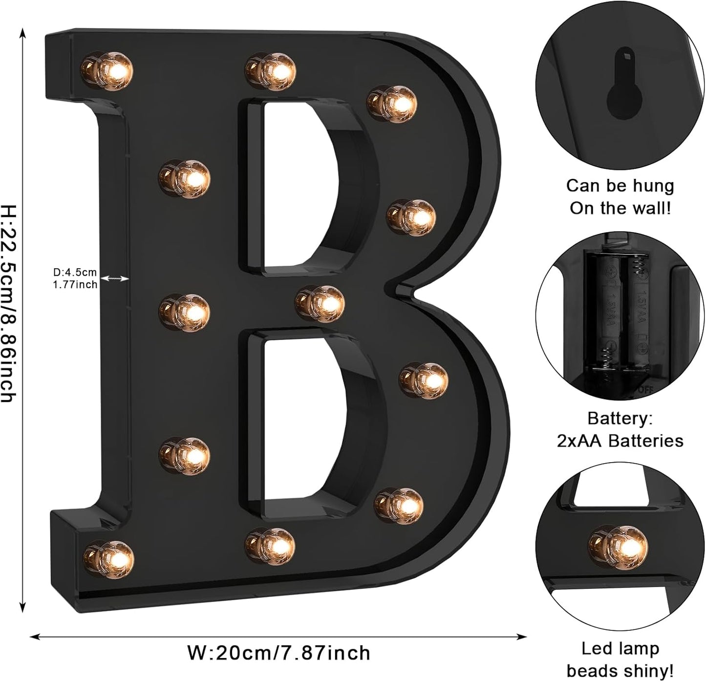 Foaky Black LED Letter Lights for Room Decor - Bedroom Wall Decor, Alphabet Lights for Home, Wedding, Party - Battery Operated （B）