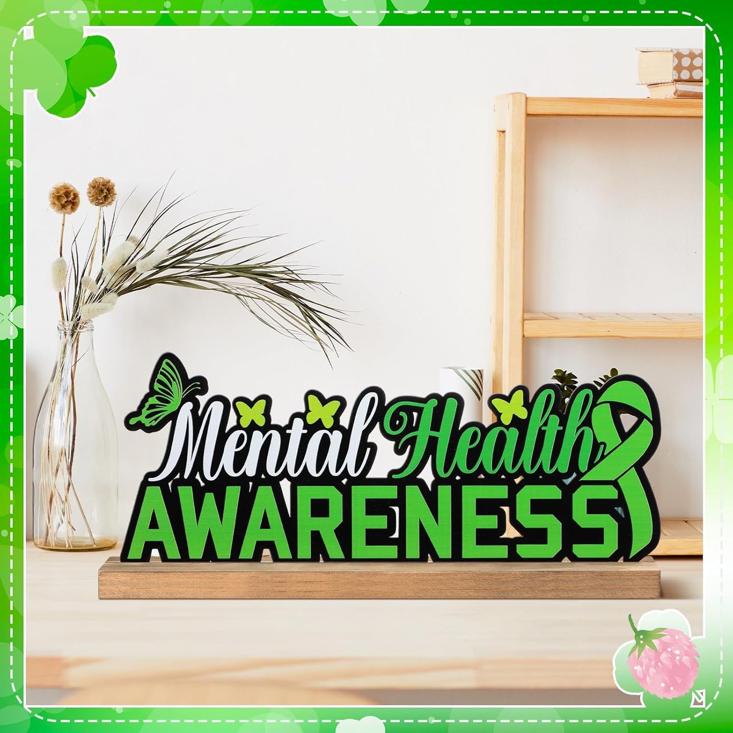 Mental Health Awareness Metal Sign Rustic Table Decor Holiday Tiered Tray Decor with Wooden Base Freestanding Metal Word Sign for Home Tabletop Centerpiece Mantel Shelf Fireplace