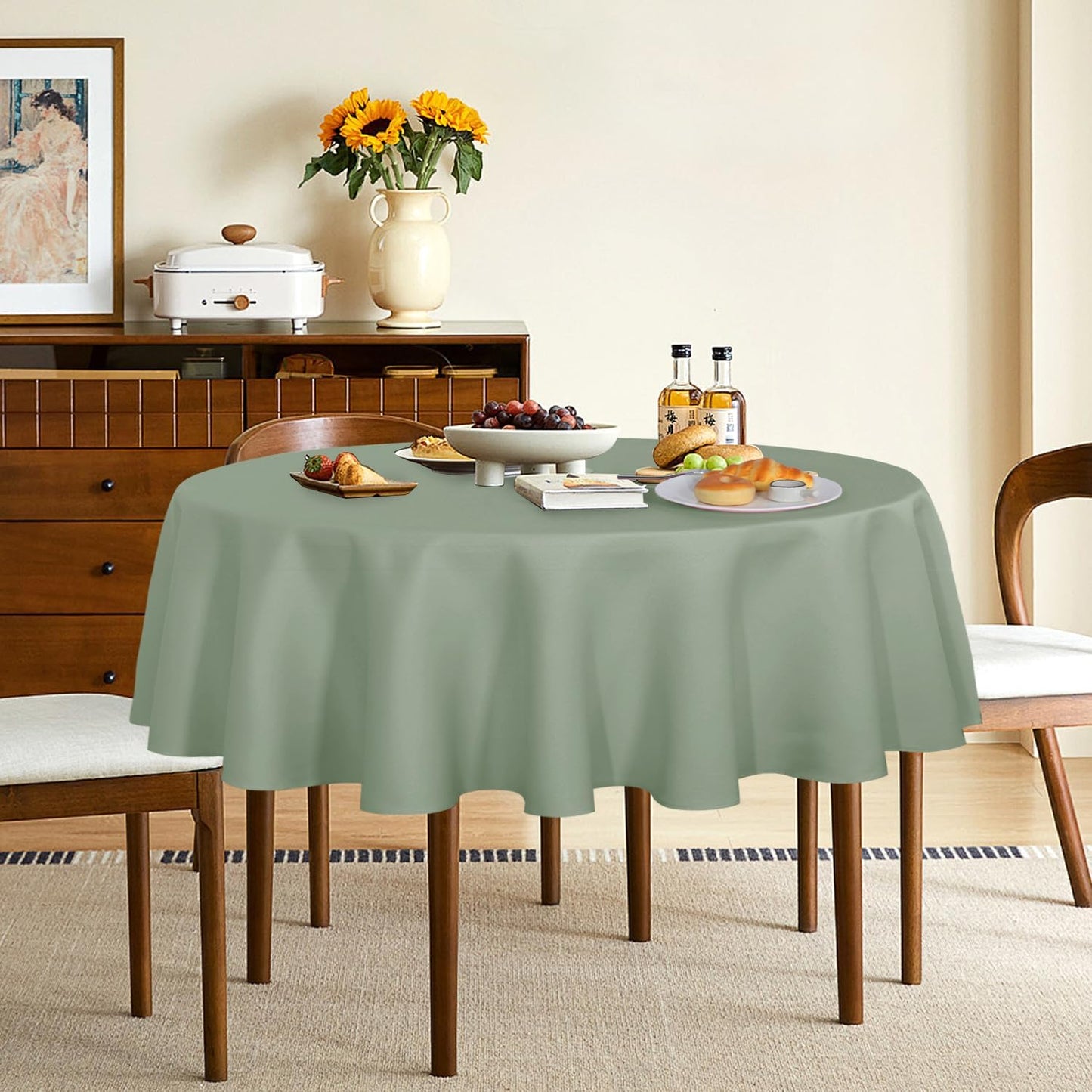 sancua Round Tablecloth - 60 Inch - Water Resistant Spill Proof Washable Polyester Table Cloth Decorative Fabric Table Cover for Dining Tables, Buffet Parties and Camping, Sage Green