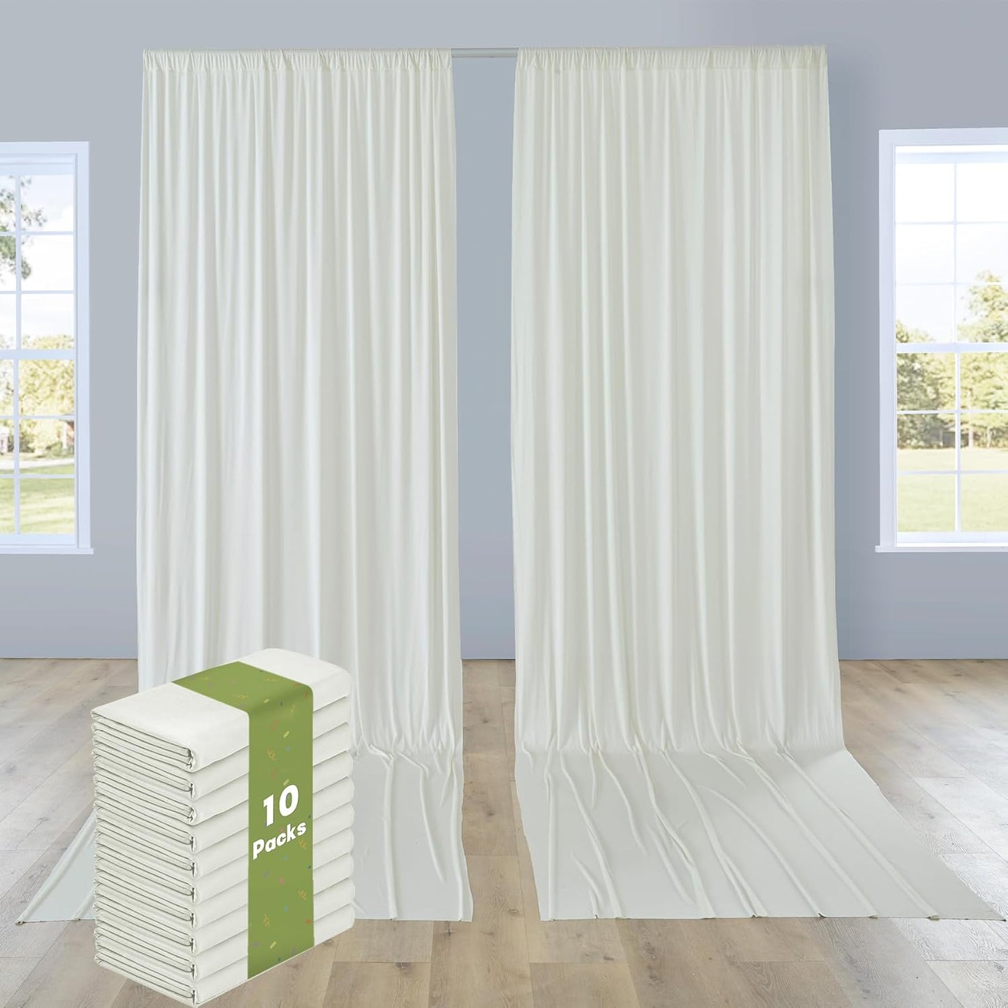 PartyVillage 50ft×15ft Ivory Backdrop Curtain for Wedding Parties, 10 Panels Wrinkle Free 15 FT Long Polyester Photo Backdrop Drapes Back Drop Cloth for Birthday Photography Background