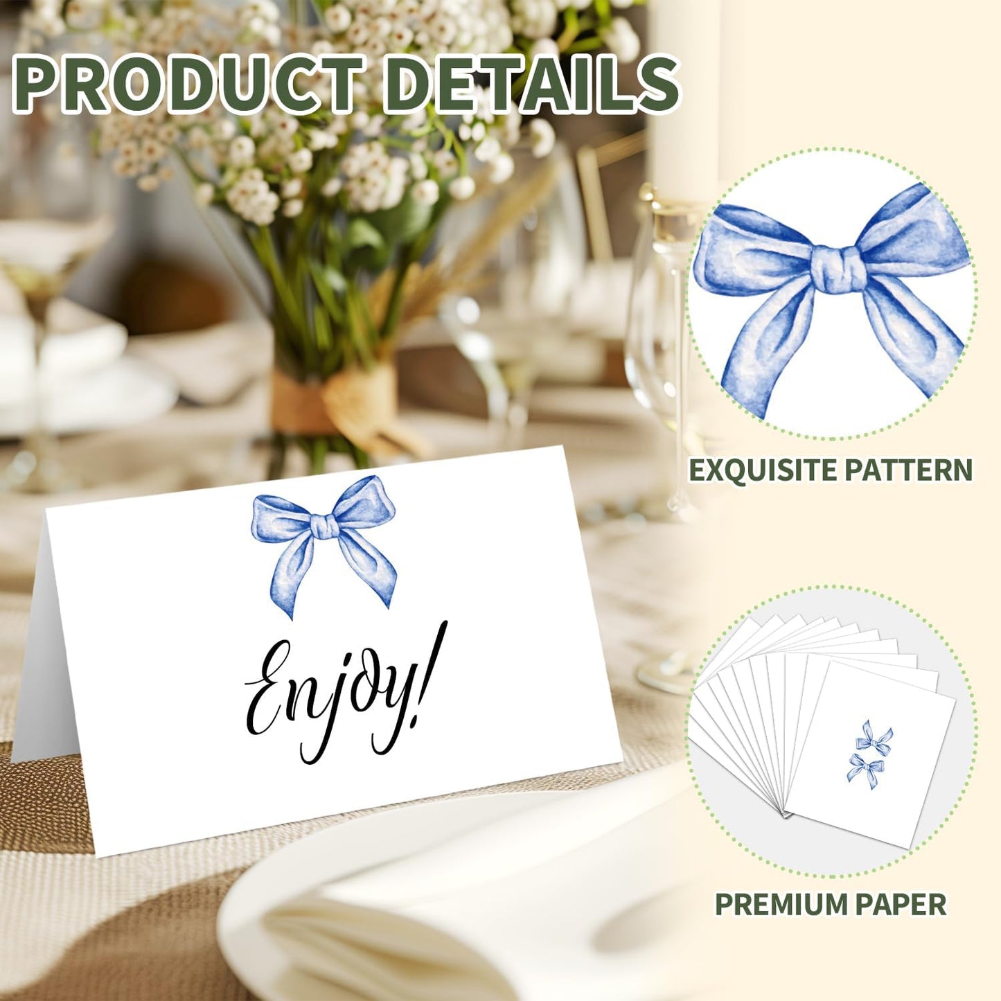 25 Blue Bow Place Cards for Table Seating, Watercolor Wedding Name Place Card, Tent Cards for Birthday Bridal Shower Baby Shower Reception Dinner Party Decorations -A22