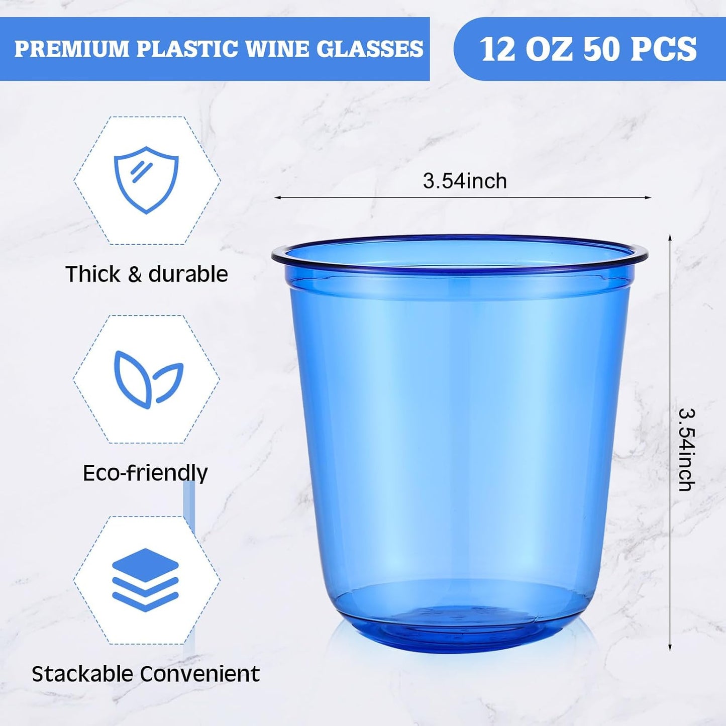 Disposable Stemless Glasses 12oz Crystal Plastic Wine Glasses Clear Classic Pet Cup for Meeting Weddings Birthdays Cocktail Christmas Party Supplies(Blue,50 Pcs)