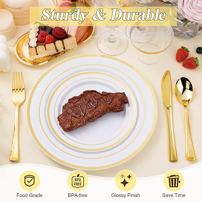 BESTSTAR 200PCS Gold Plastic Plates Set, 100 10.25 inch Dinner Plate and 100 7.5 inch Dessert Plates, Premium Disposable Plates for Party, Wedding