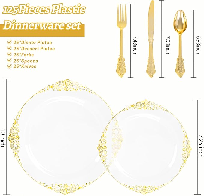 125PCS Clear Plastic Plates - Fancy Clear Gold Disposable Plates Include 25 Dinner Plates, 25 Dessert Plates, 75 Gold Plastic Silverware for 25 Guests for Wedding & Party
