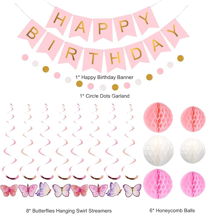 meowtastic Birthday Decorations, Happy Birthday Banner with Honeycomb Balls, Butterfly Hanging Swirl Streamers, Circle Dots Garland, Happy Birthday Party Decorations for Women Men Boys Girls (Pink)