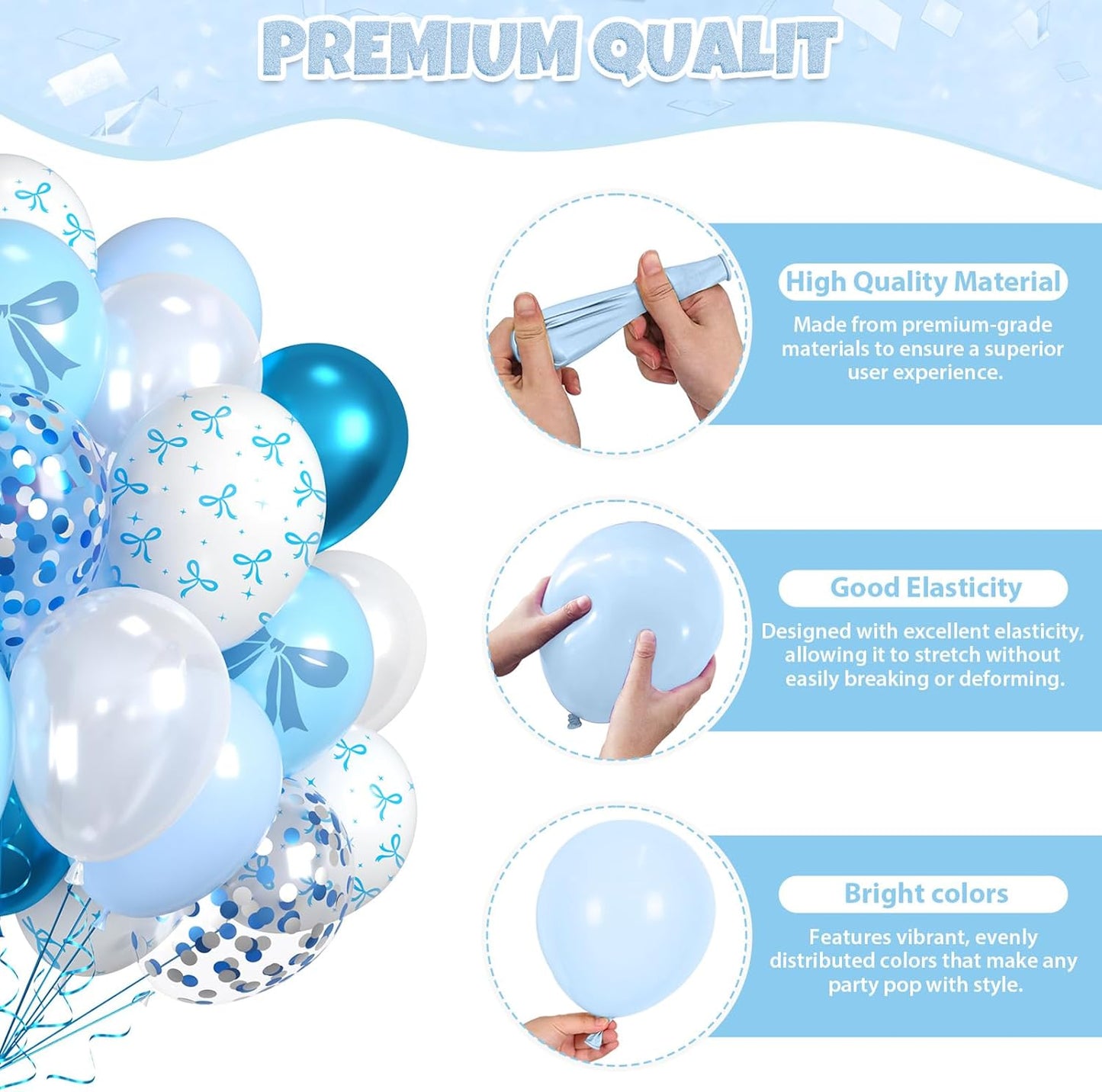 Blue Bow Balloons, 60pcs White And Blue Balloons, Metallic Macaron Preal White Balloon Bow Print Balloon For Girls Women Lady Birthday Baby Shower Party Wedding Bridal Shower Bachelorette Decorations