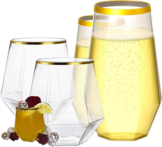 48 Pack Diamond Gold Rim Unbreakable Stemless Plastic Glasses 24 9oz Stemless Champagne Flutes & 24 12oz Cups BPA-Free, Disposable, Shatterproof Drinkware for Weddings, Bars, Events and parties