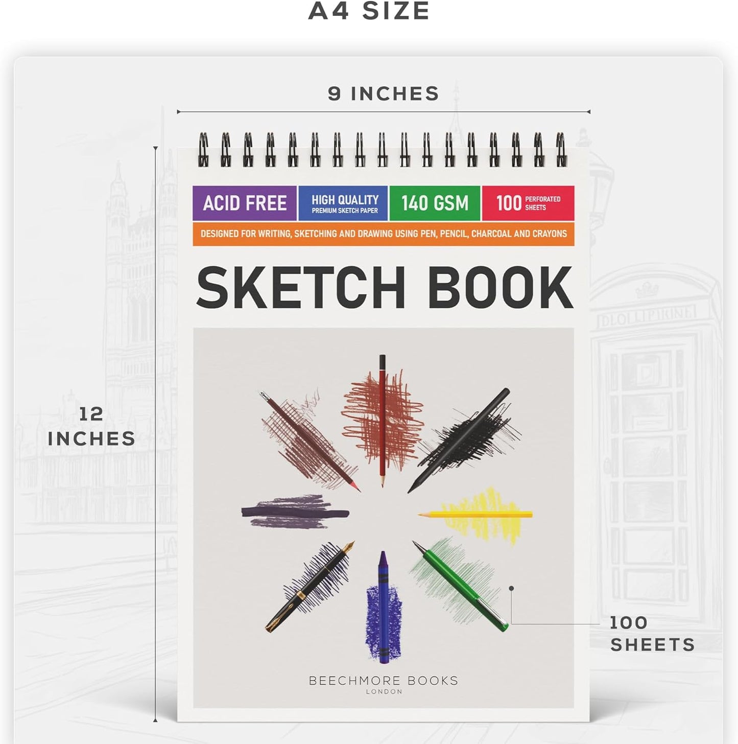 BEECHMORE BOOKS 9x12 Spiral Sketchbook – 140 GSM Acid-Free Paper, 100 Perforated Pages, A4 Art Sketch Pad for Drawing & Sketching, Artists, Adults