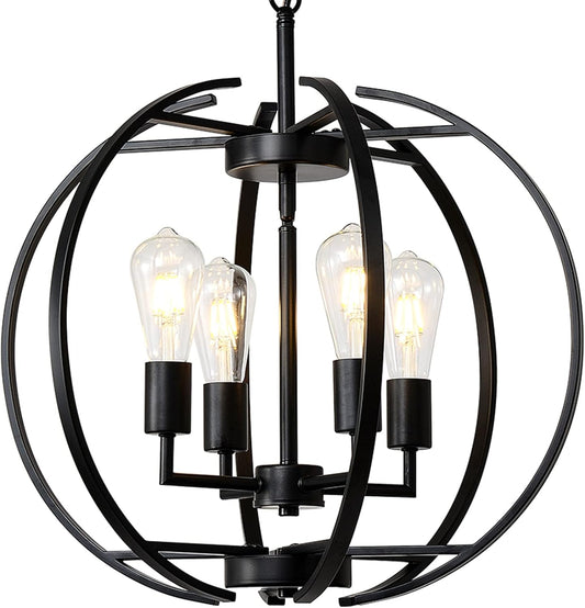 Large Lantern Globe Black Chandelier Lighting, Farmhouse Chandelier Adjustable Pendant Lighting Fixtures Hanging Ceiling 4 Light for Kitchen, Dining Room, Living Room, Hallway