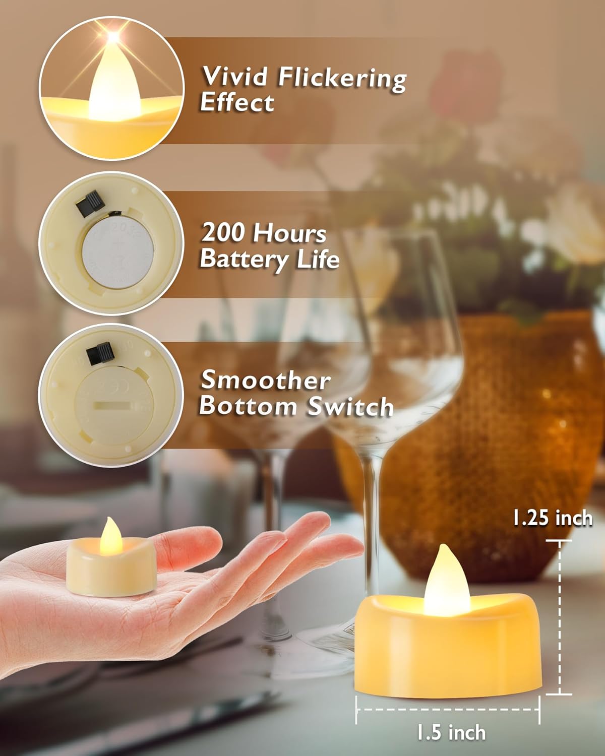 Raycare 50 Pack LED Tea Lights Battery Operated, 200+Hour Flickering Votive Candles, Realistic Fake Flameless TeaLights for Wedding Party Halloween Thanksgiving Christmas Decorations,Ivory Base