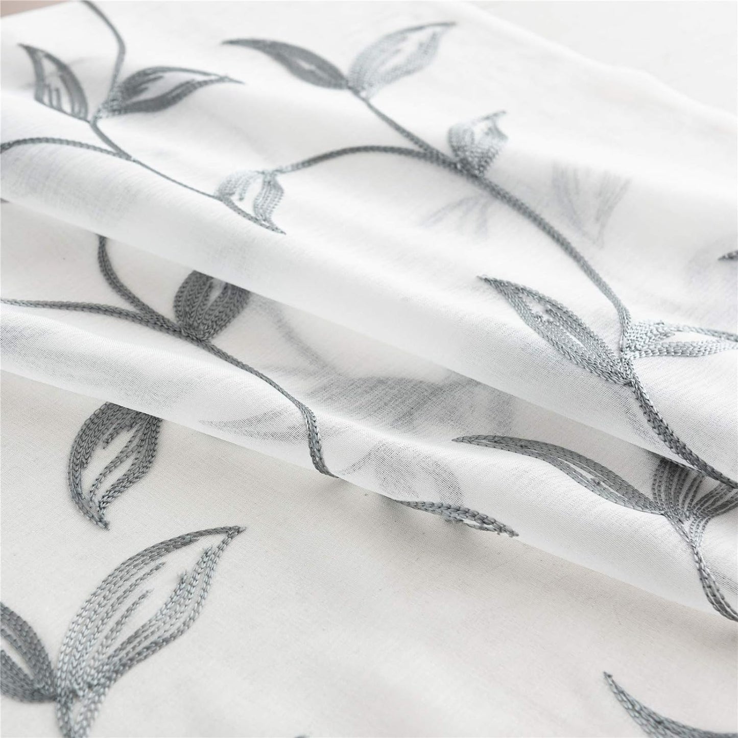 VISIONTEX Sheer Curtains 72 Inch Length 2 Panels, Decor Iron Grey Vine Leaves Embroidery on White Voile Pair, Accent Semi Window Drapes for Kitchen, Living Room and Bedroom, 54" W x 72" L