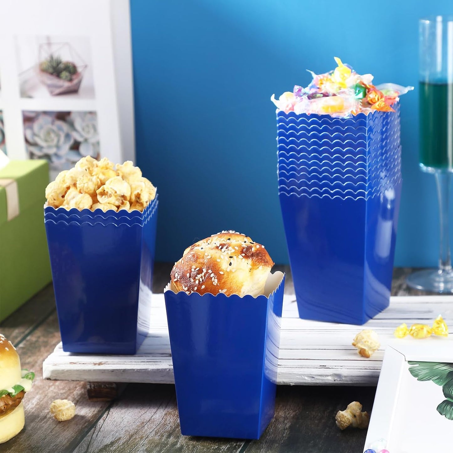 200 Pcs Popcorn Boxes Mini Paper Popcorn Box Cardboard Popcorn Container for Party Disposable Snack Candy Popcorn Bags Popcorn Holder for Birthday Wedding, 2.2 x 4.2 x 3 In (Navy Blue,Simple)