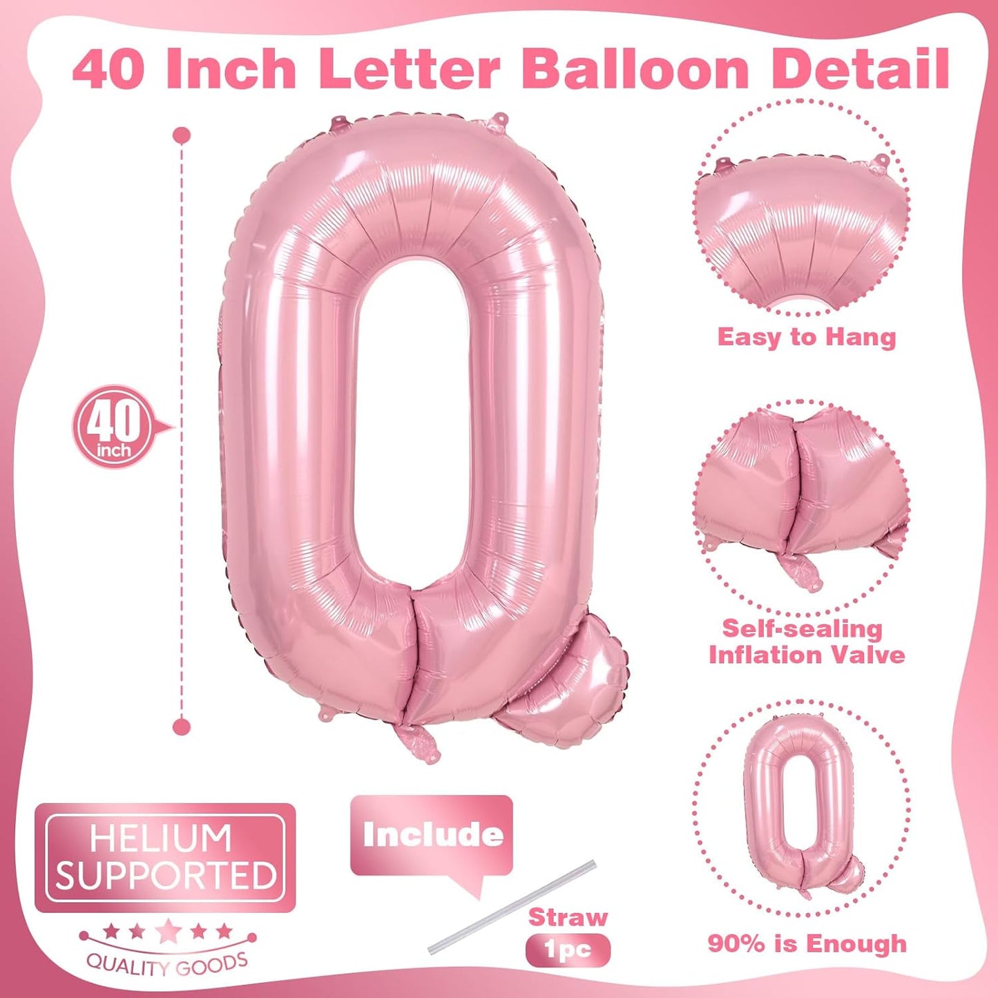 Q Letter Balloon Pastel Pink, 40 Inch Alphabet Foil Word Balloons, Big Inflatable Light Pink Balloon Letter Q, XXL Helium Custom Letter Balloons Baby Pink for Girl Birthday Party Decoration Supplies