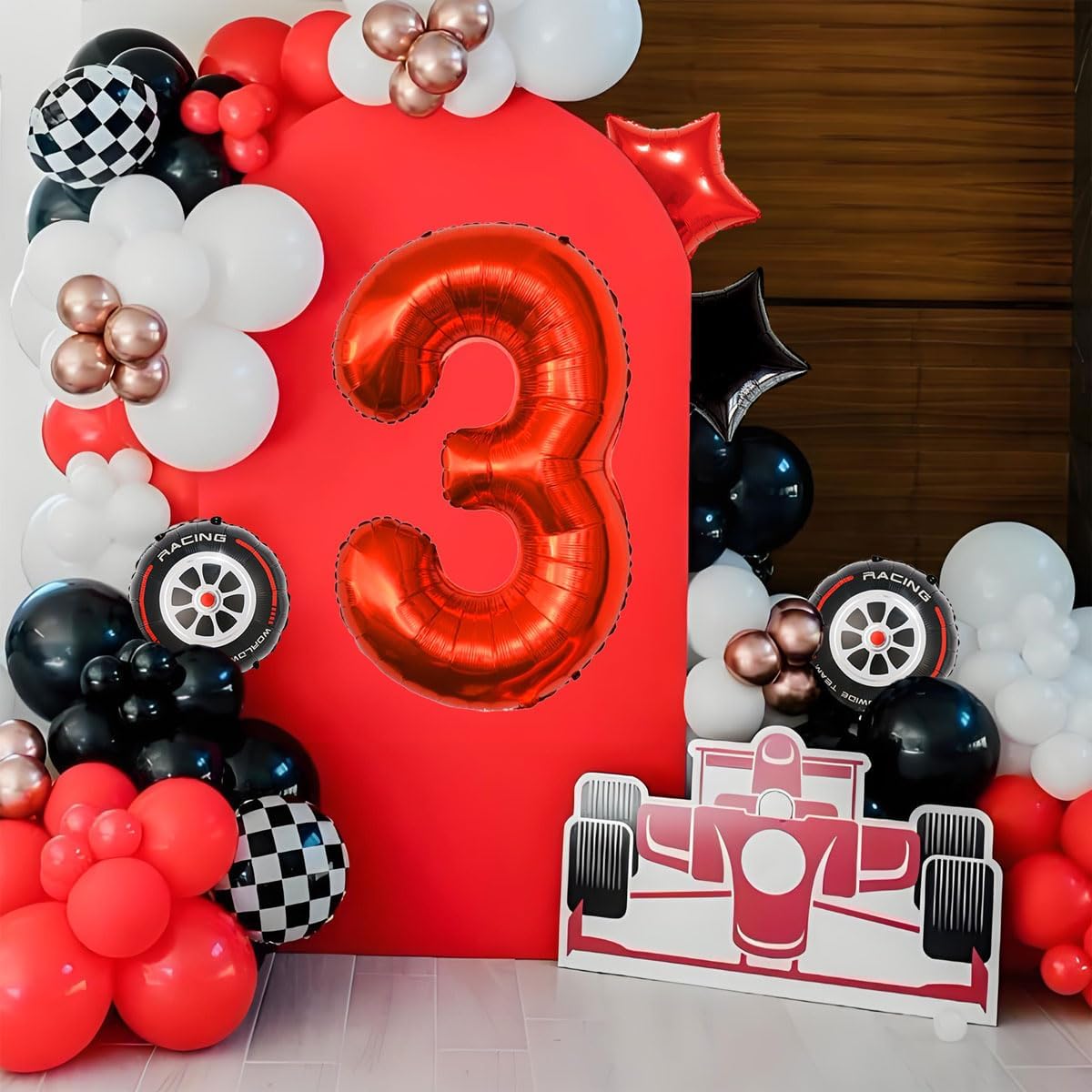 Race Car Birthday Party Decorations - 40 Inch Mylar Red Number 3 Balloons - Black Foil Checkered Race Car Balloons for 3st Birthday Race Cars Themed Party Decorations